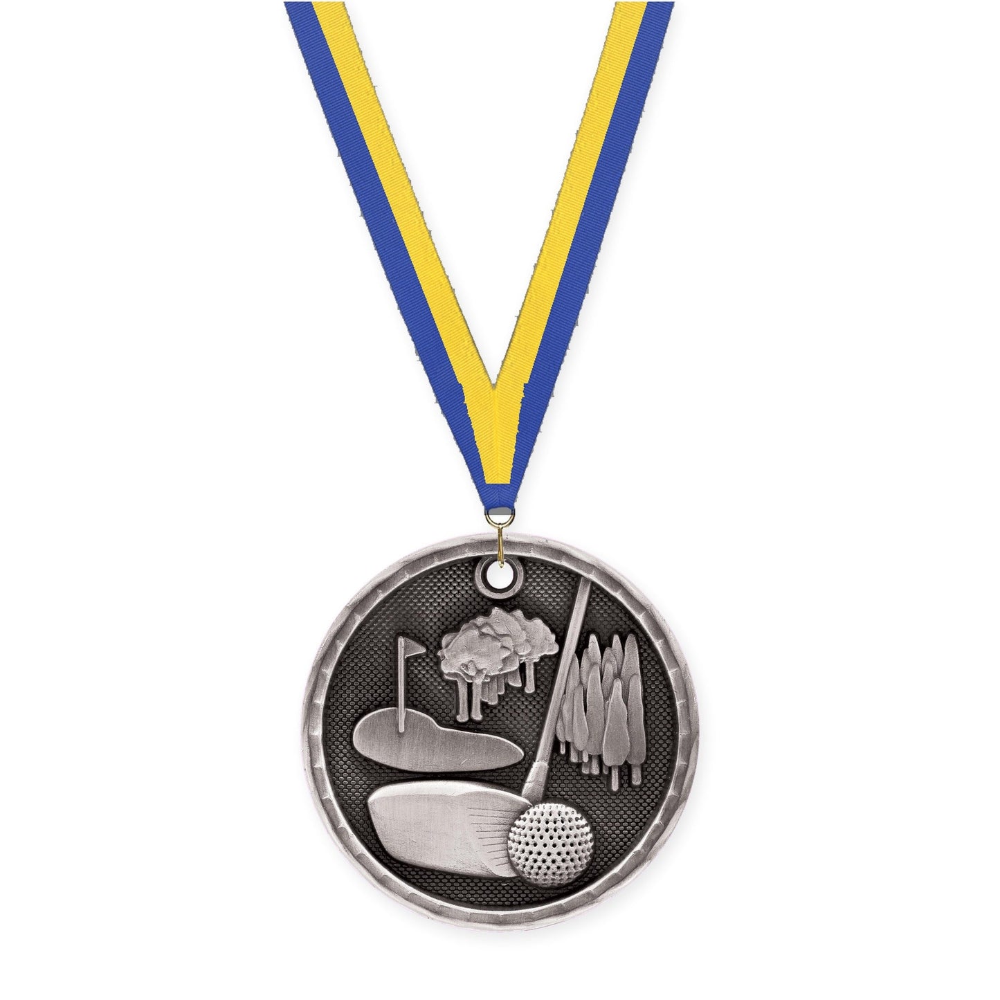 2 inch golf 3-D medal in antique silver with Blue Yellow neck ribbon