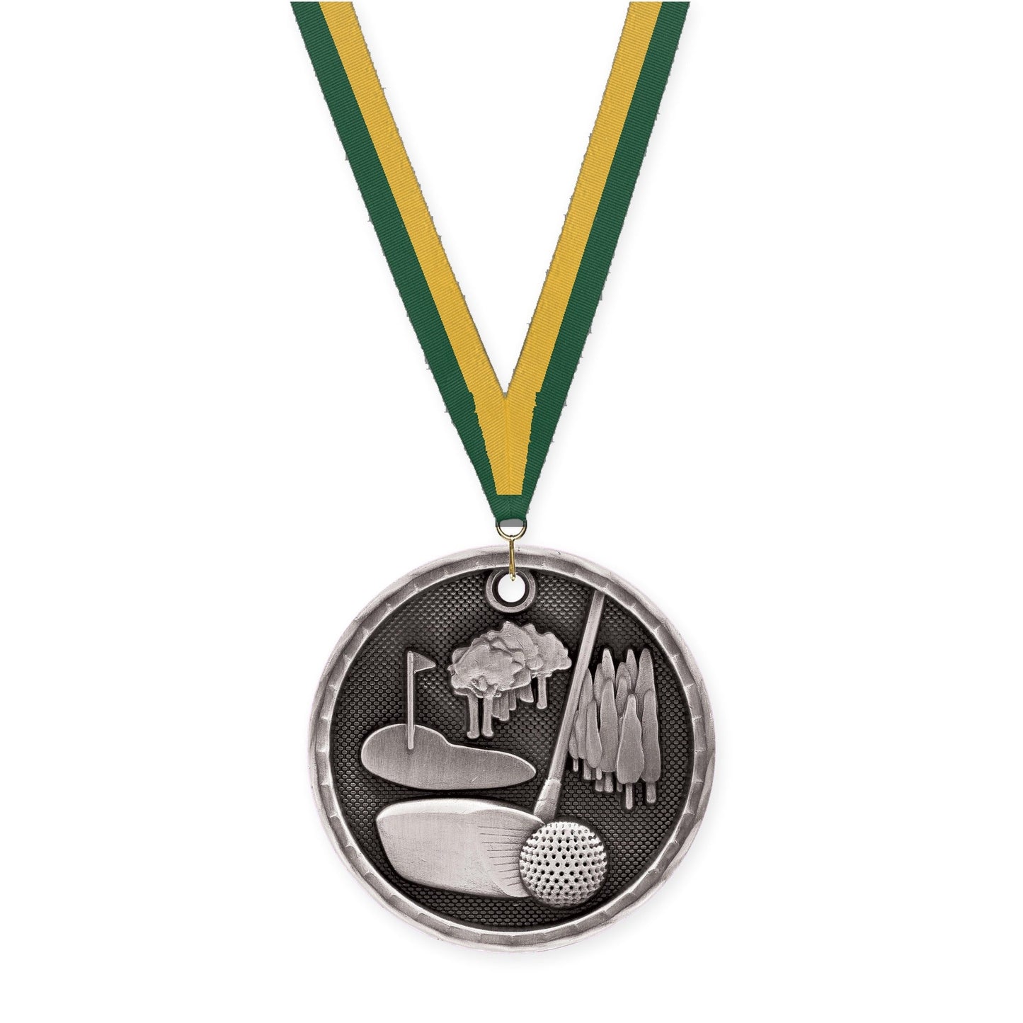 2 inch golf 3-D medal in antique silver with Hunter Green Gold neck ribbon