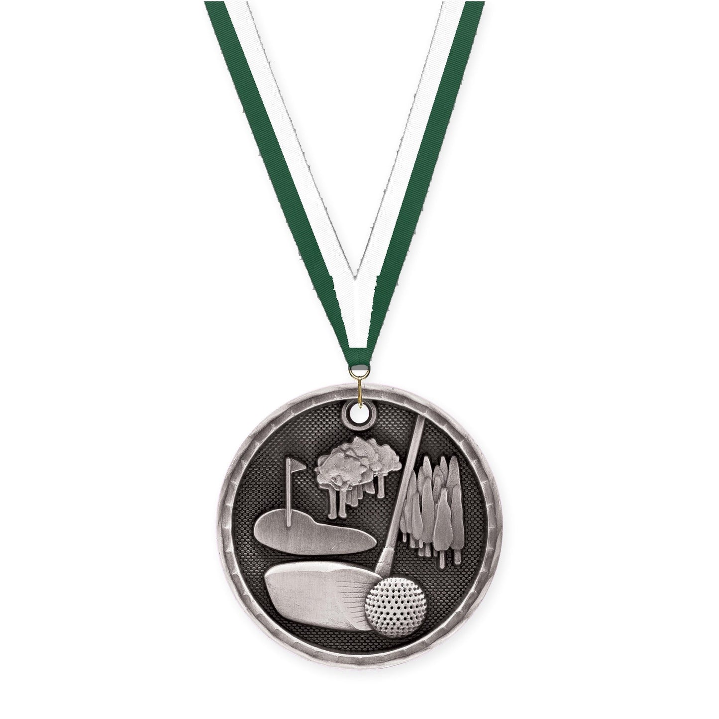 2 inch golf 3-D medal in antique silver with Hunter Green White neck ribbon