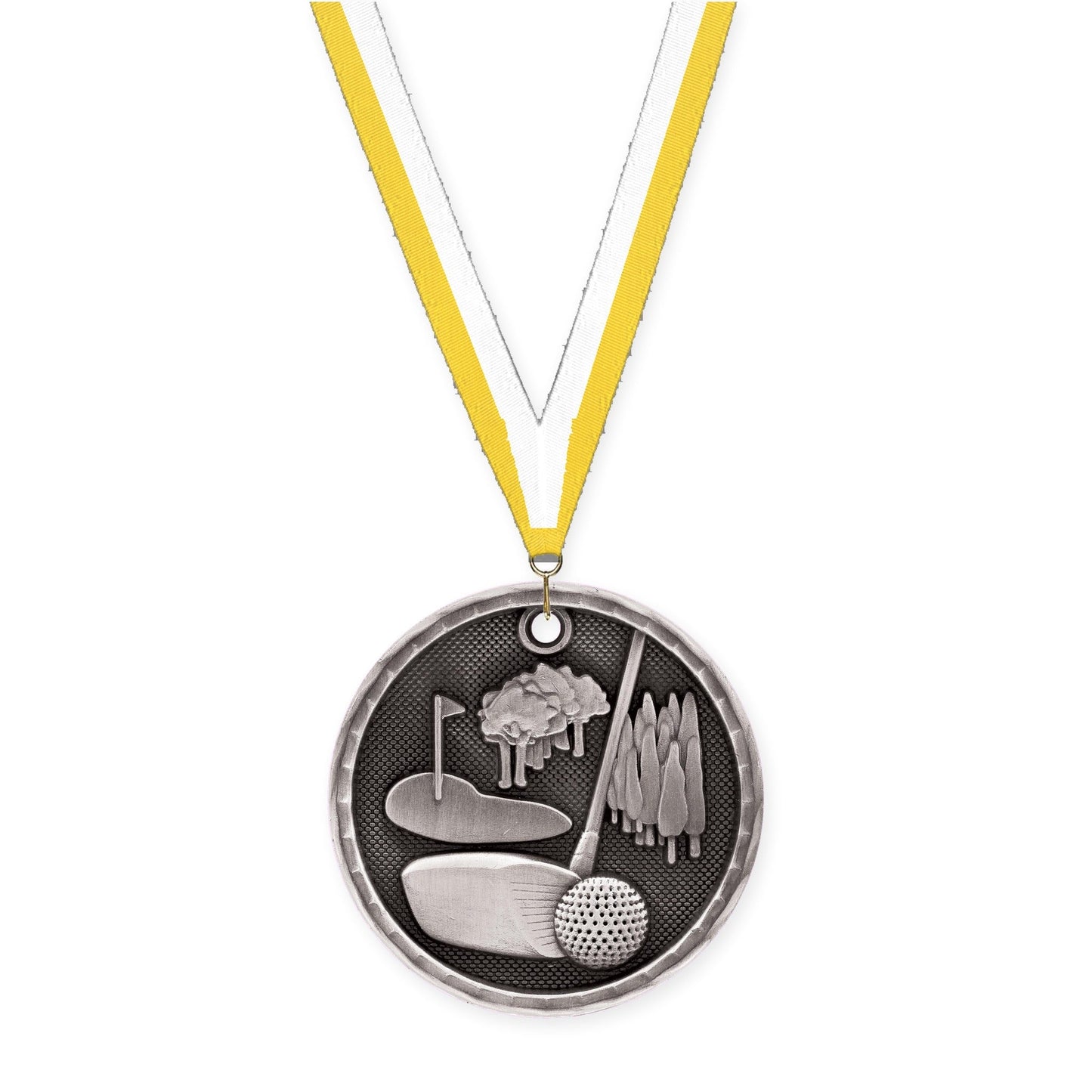 2 inch golf 3-D medal in antique silver with Yellow White neck ribbon