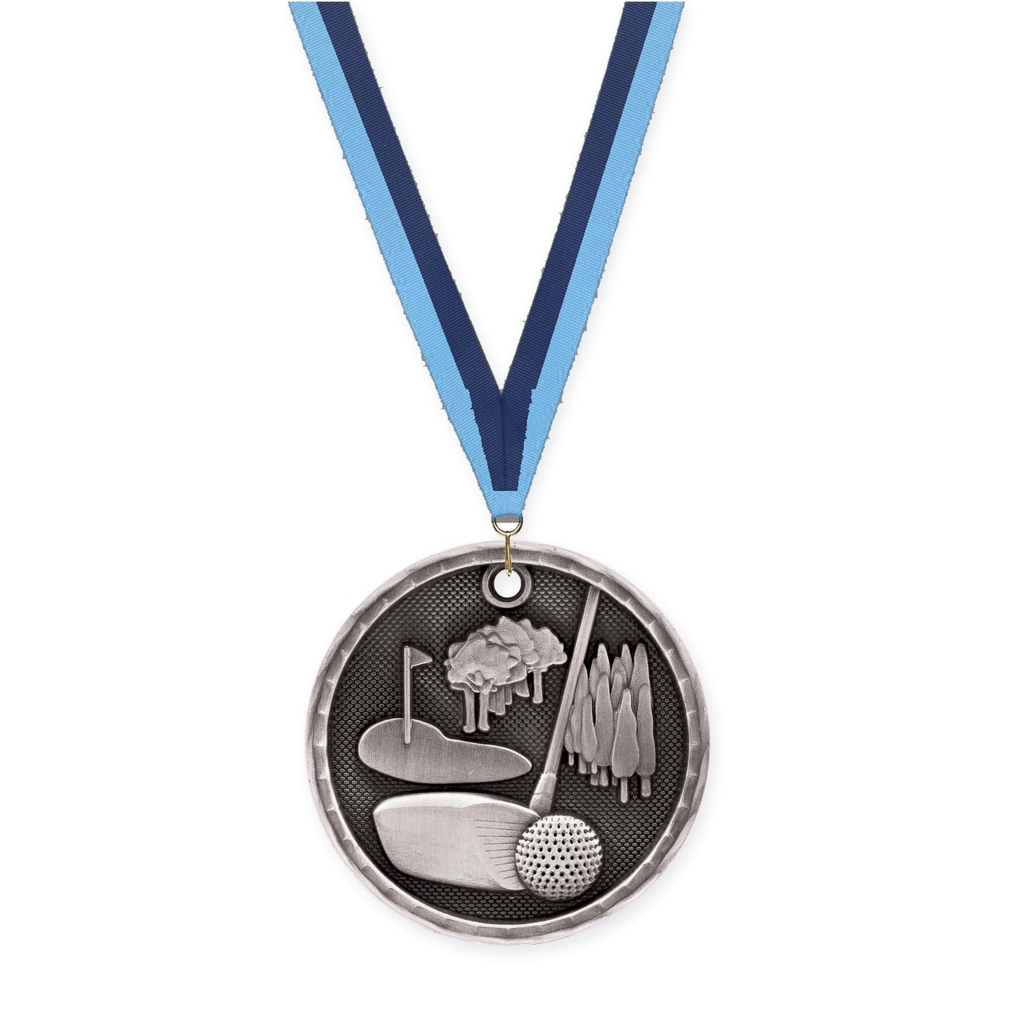 2 inch golf 3-D medal in antique silver with Light Blue Navy neck ribbon