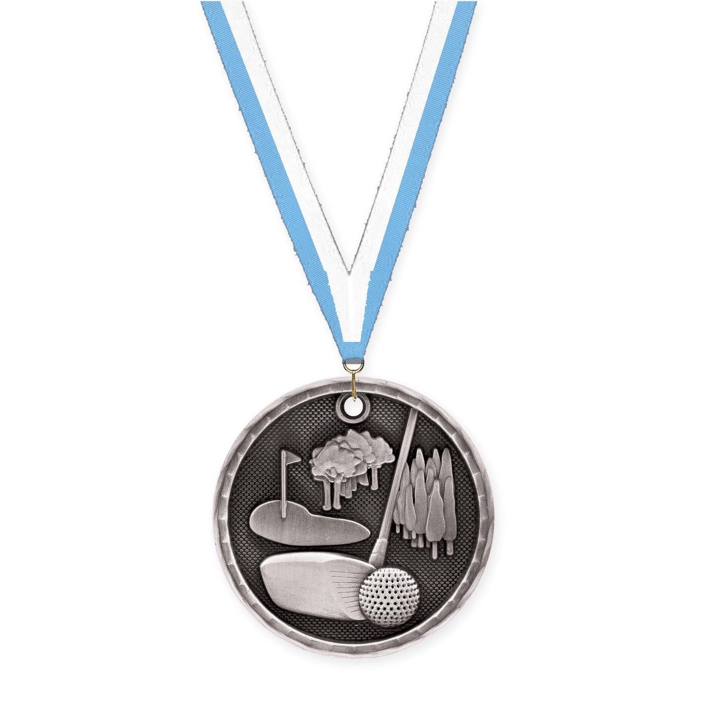 2 inch golf 3-D medal in antique silver with Light Blue White neck ribbon