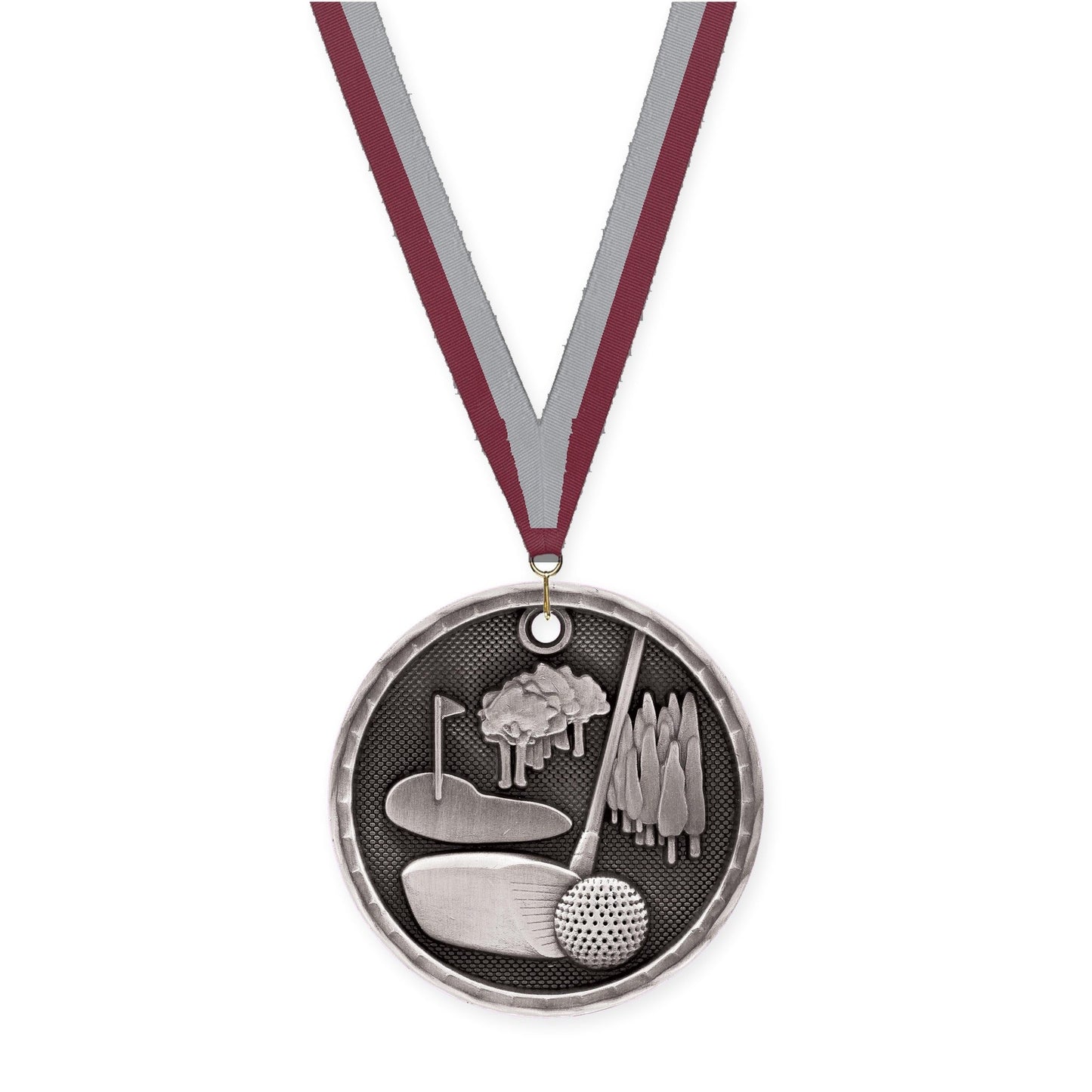 2 inch golf 3-D medal in antique silver with Maroon Gray neck ribbon