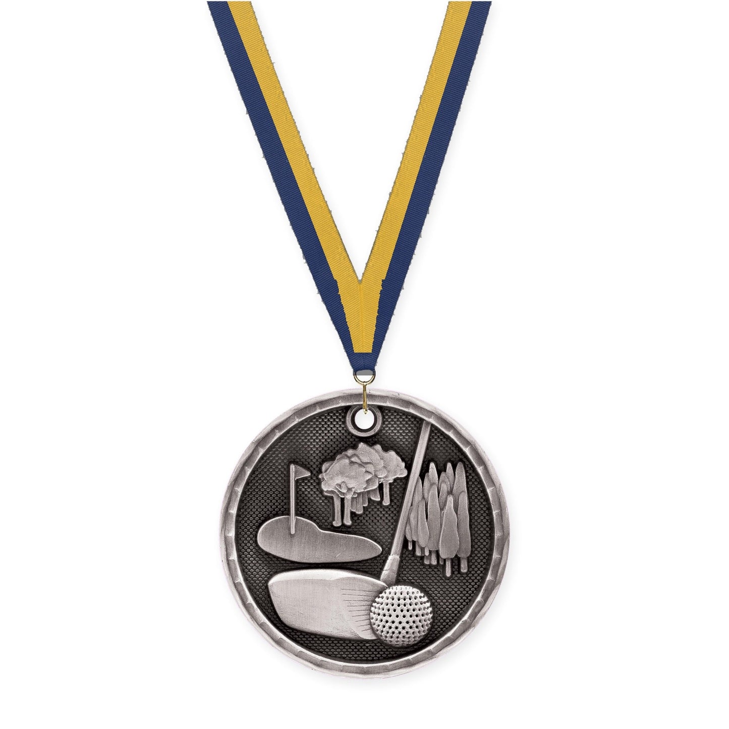 2 inch golf 3-D medal in antique silver with Navy Gold neck ribbon