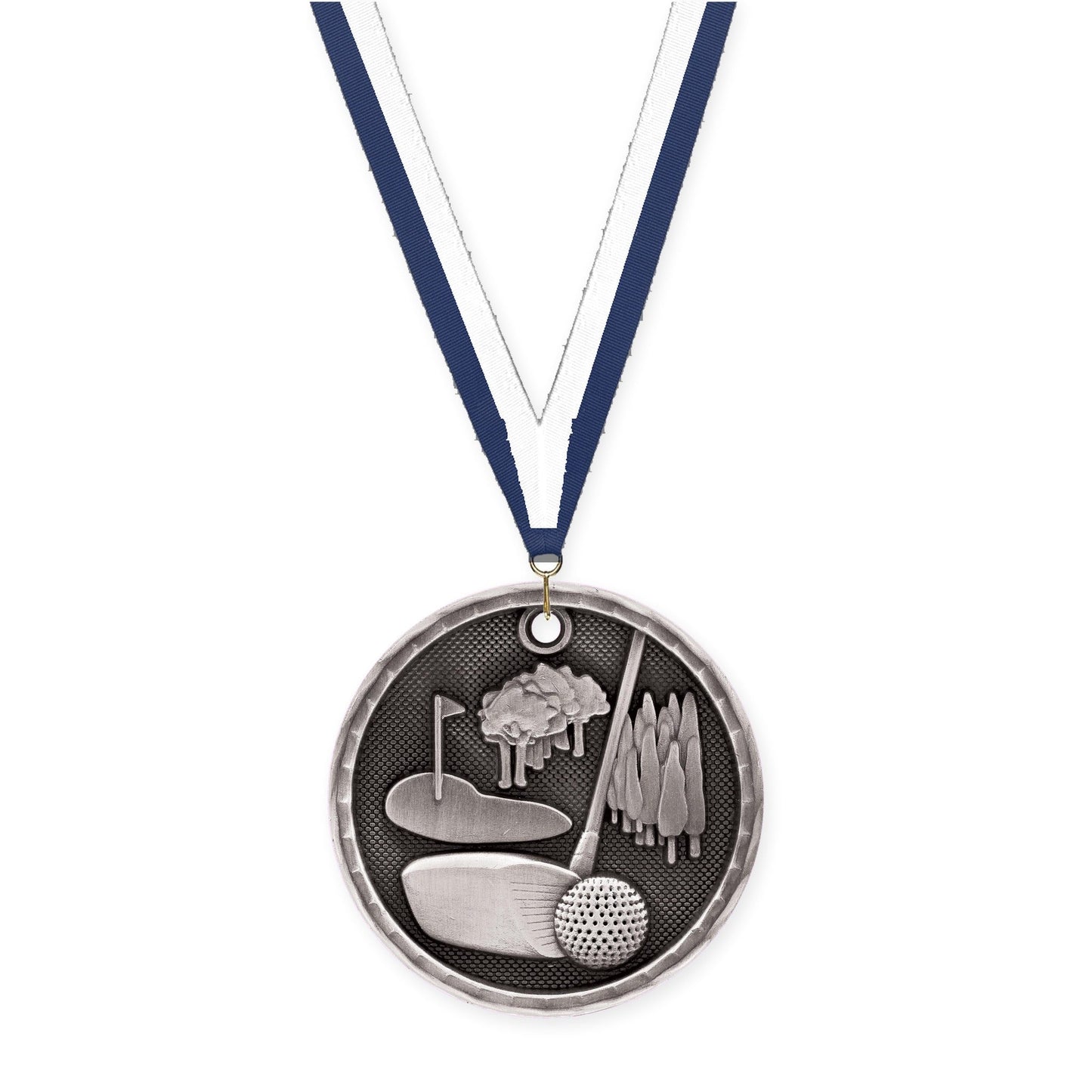 2 inch golf 3-D medal in antique silver with Navy White neck ribbon