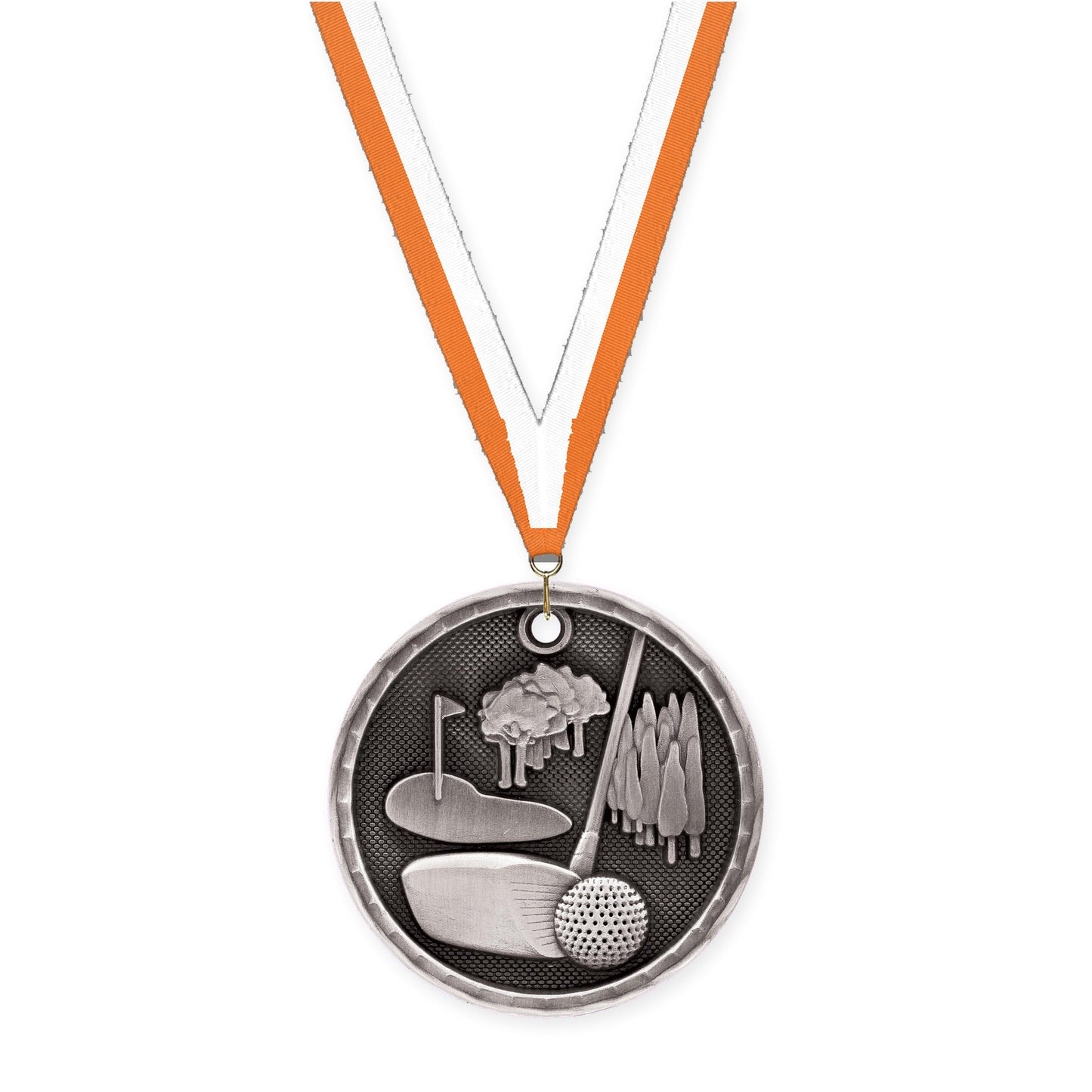 2 inch golf 3-D medal in antique silver with Orange White neck ribbon