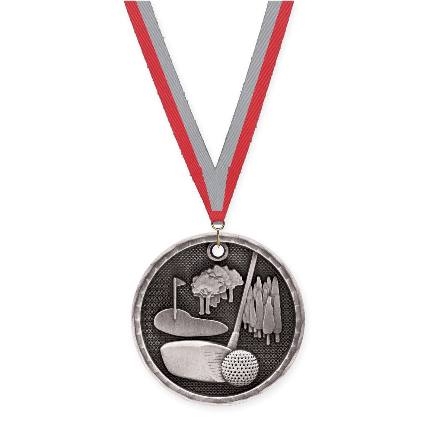 2 inch golf 3-D medal in antique silver with Red Gray neck ribbon