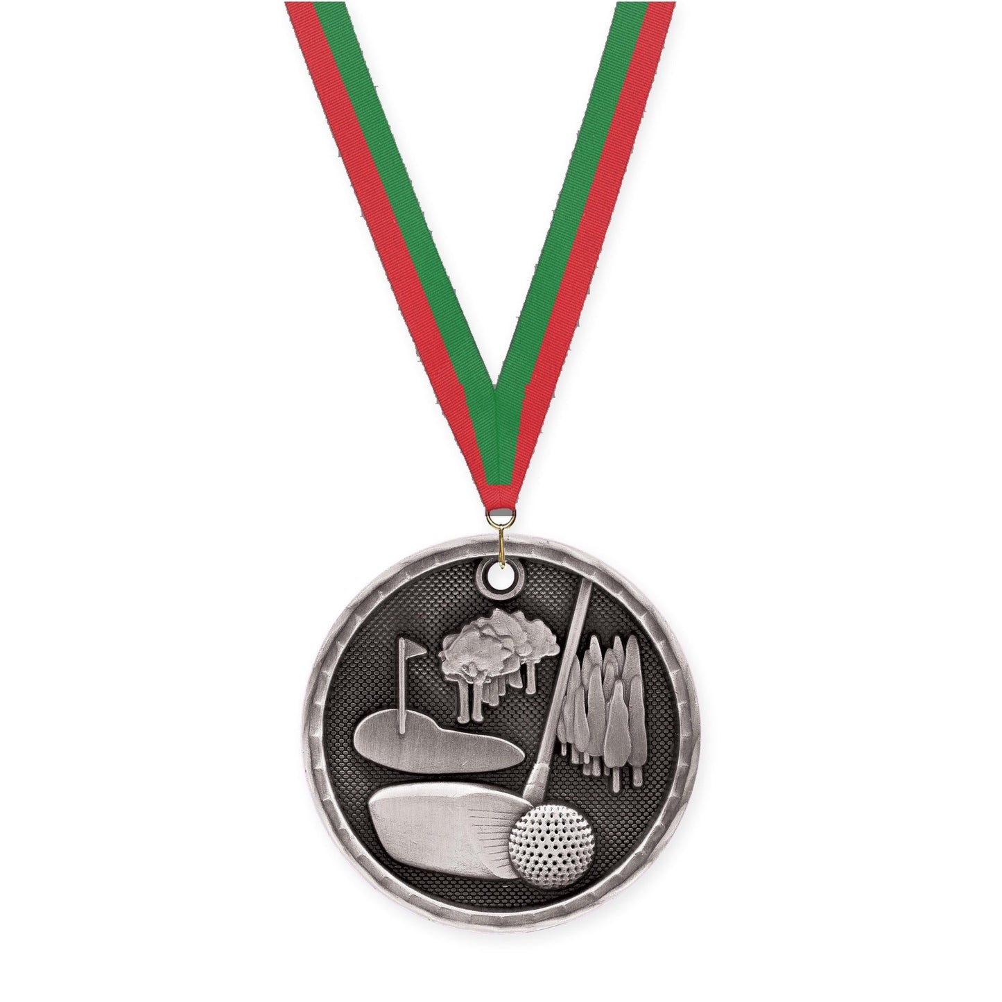 2 inch golf 3-D medal in antique silver with Red Green neck ribbon