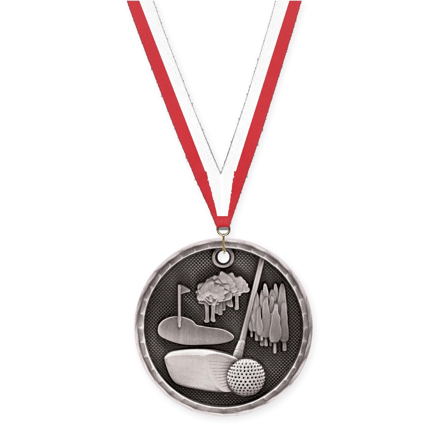 2 inch golf 3-D medal in antique silver with Red White neck ribbon