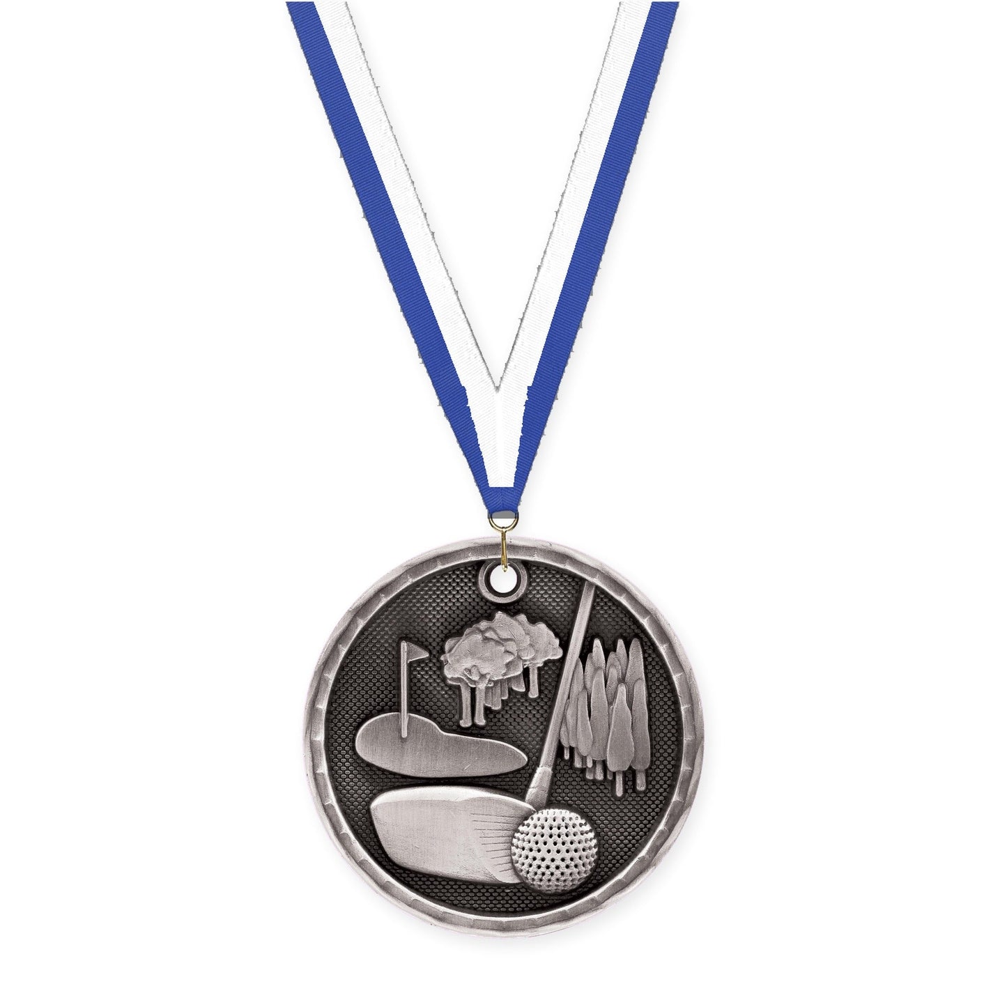 2 inch golf 3-D medal in antique silver with Blue White neck ribbon