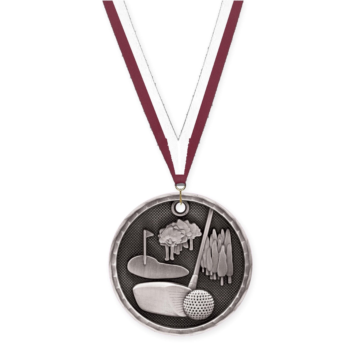 2 inch golf 3-D medal in antique silver with Maroon White neck ribbon