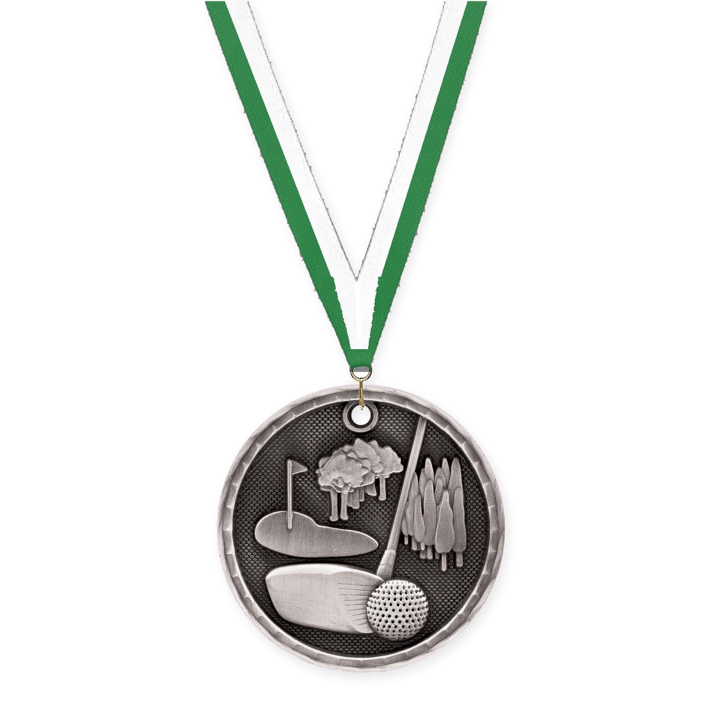 2 inch golf 3-D medal in antique silver with Green White neck ribbon