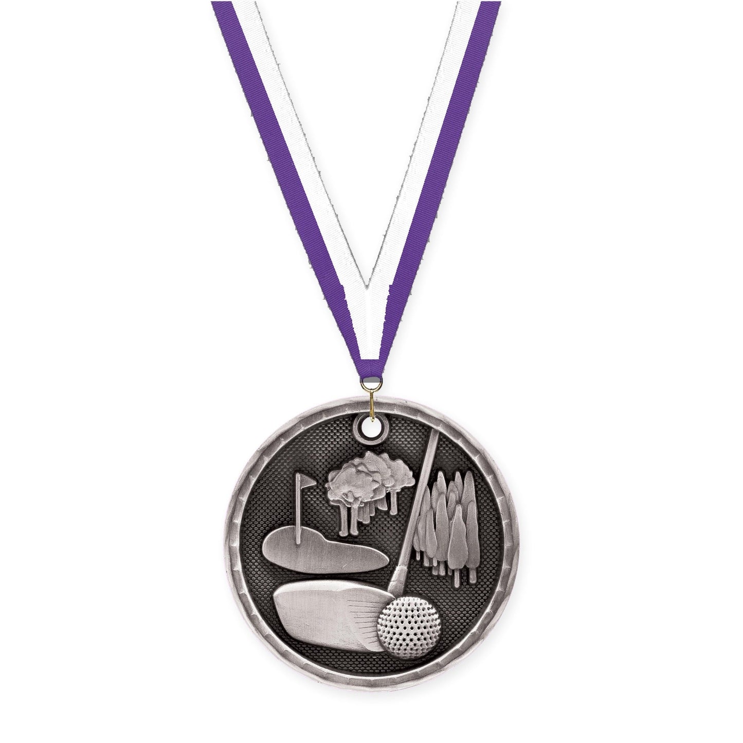 2 inch golf 3-D medal in antique silver with Purple White neck ribbon