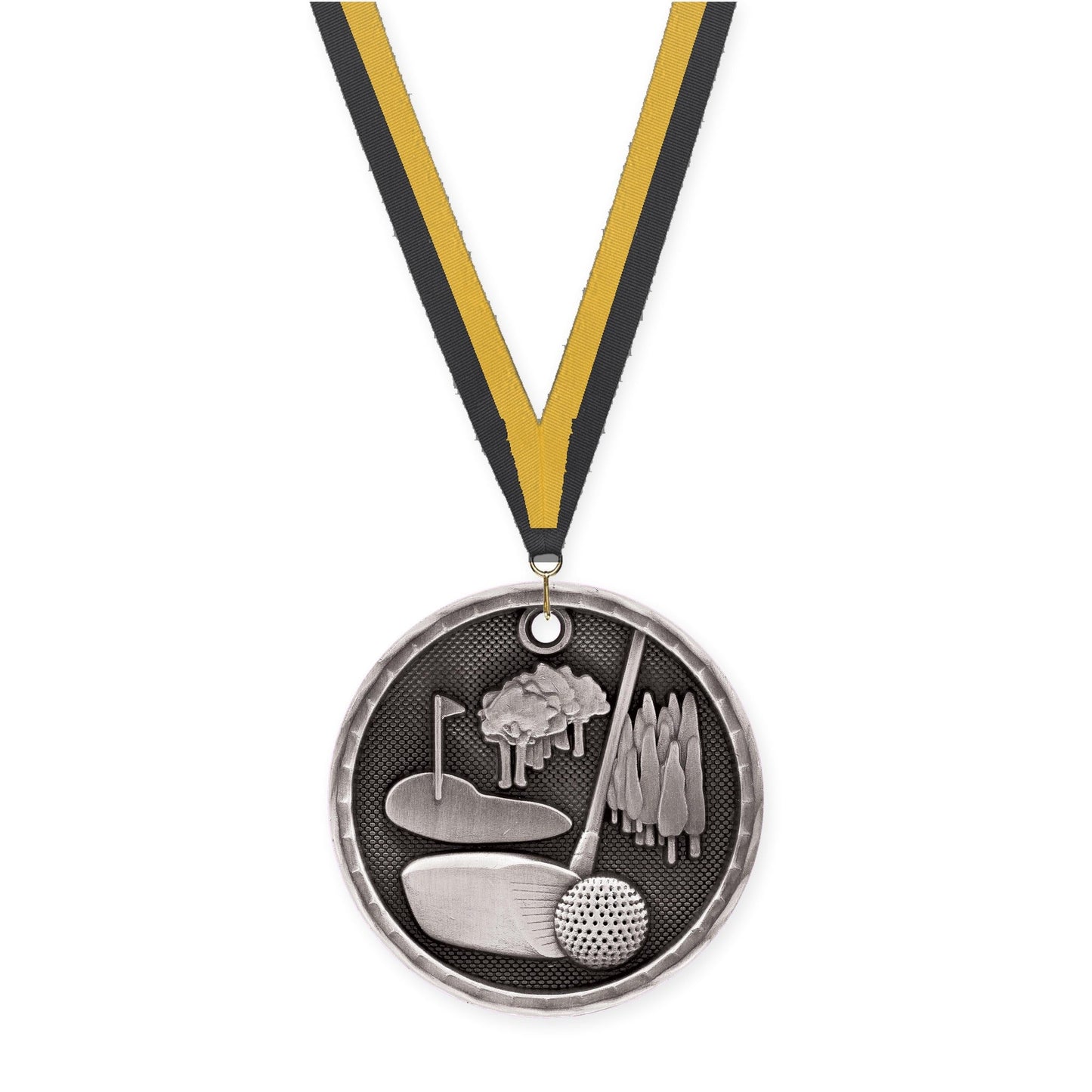 2 inch golf 3-D medal in antique silver with Black Gold neck ribbon