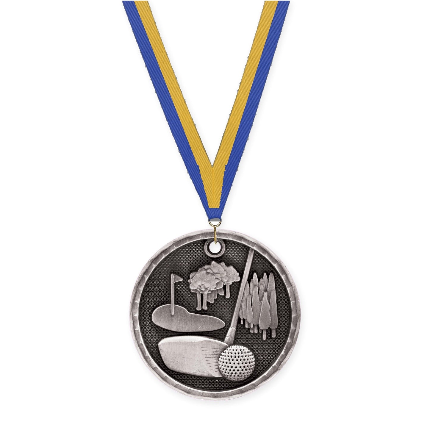 2 inch golf 3-D medal in antique silver with Blue Gold neck ribbon