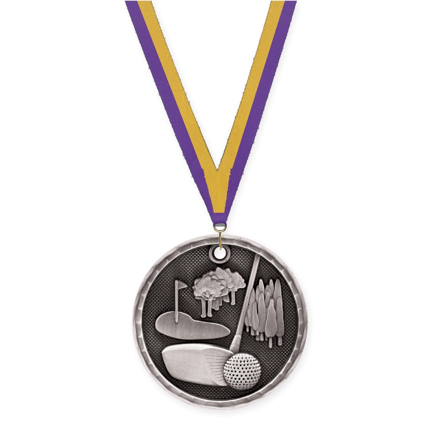 2 inch golf 3-D medal in antique silver with Purple Gold neck ribbon