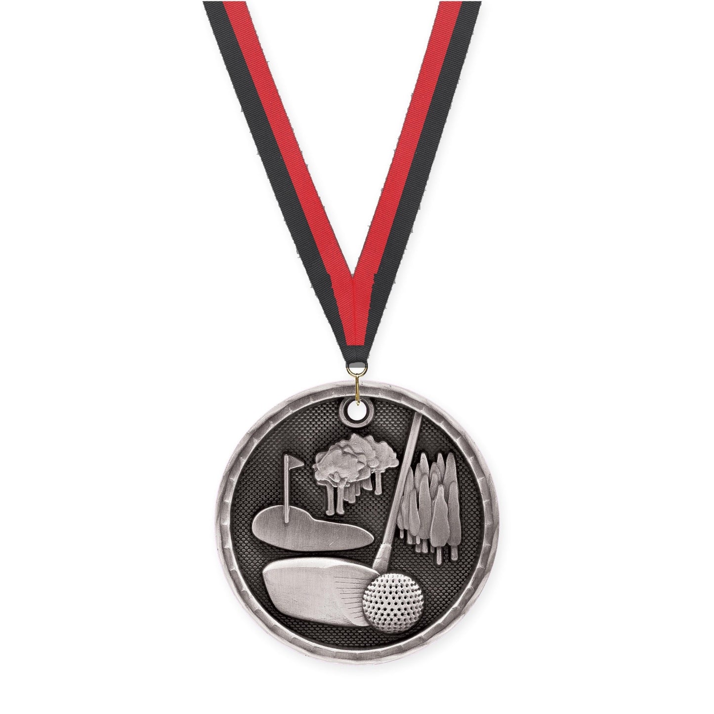 2 inch golf 3-D medal in antique silver with Black Red neck ribbon