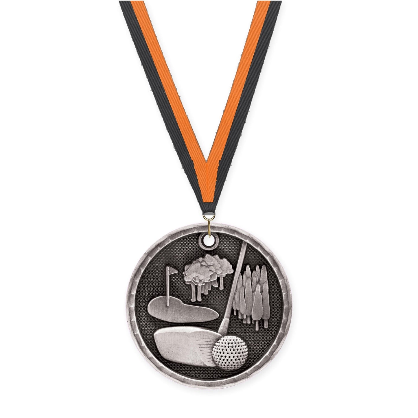 2 inch golf 3-D medal in antique silver with Black Orange neck ribbon