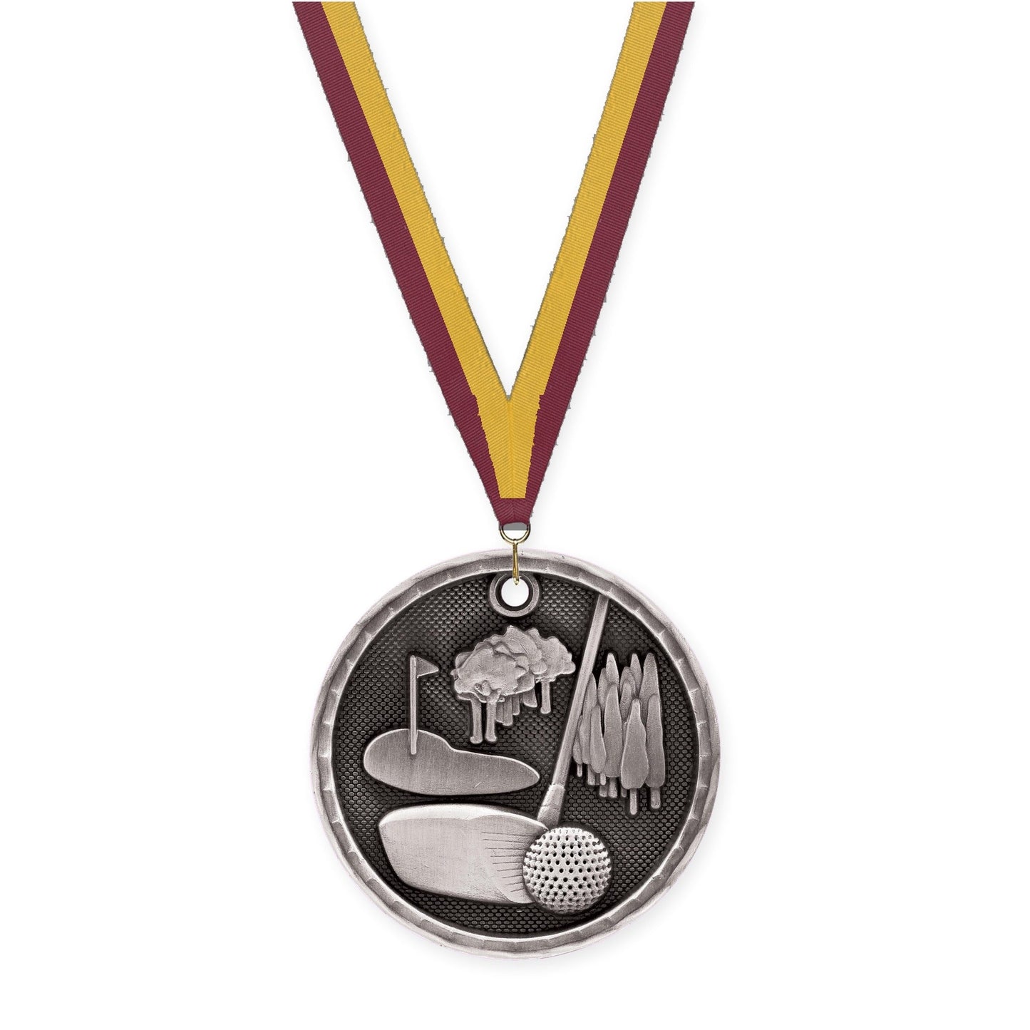 2 inch golf 3-D medal in antique silver with Maroon Gold neck ribbon