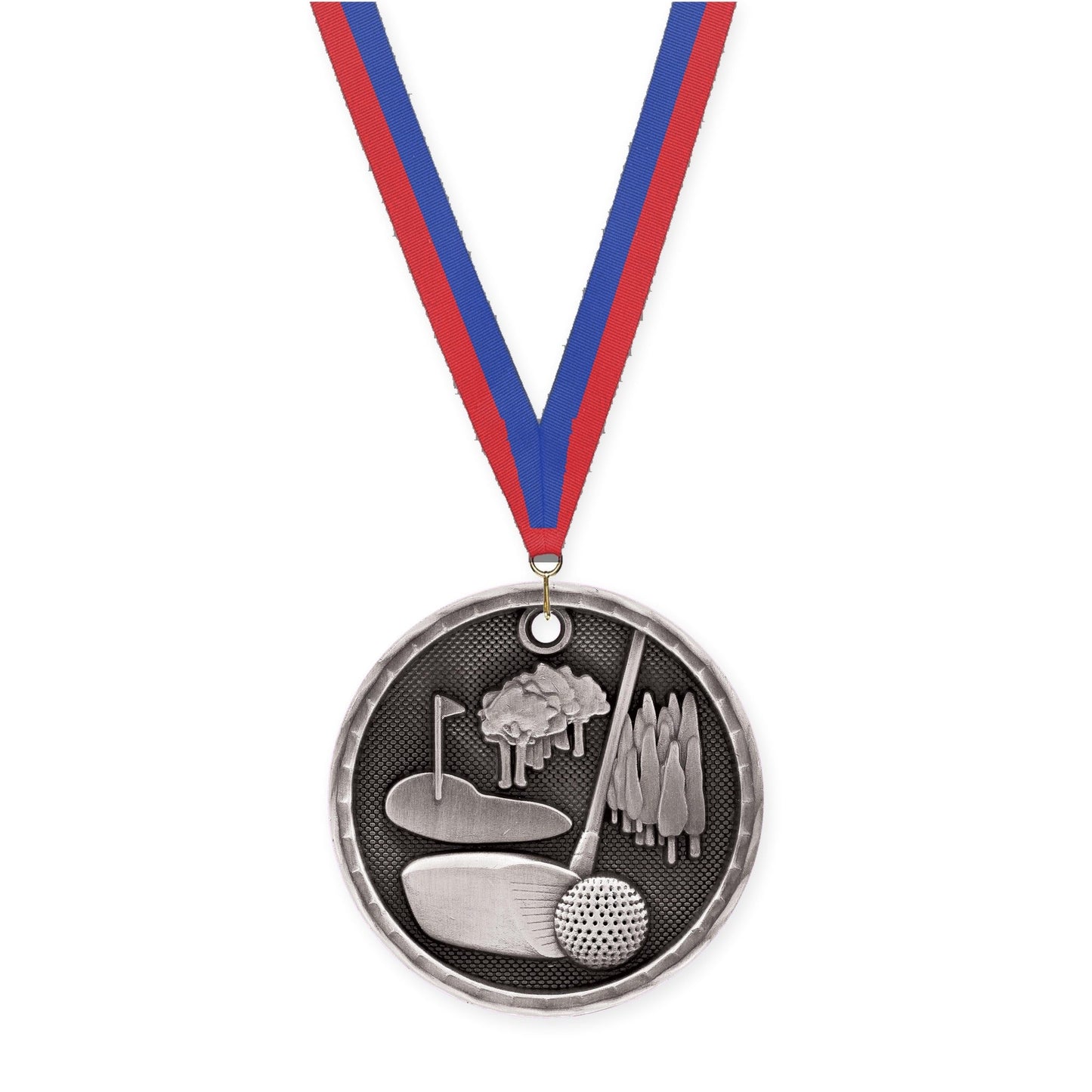 2 inch golf 3-D medal in antique silver with Blue Red neck ribbon