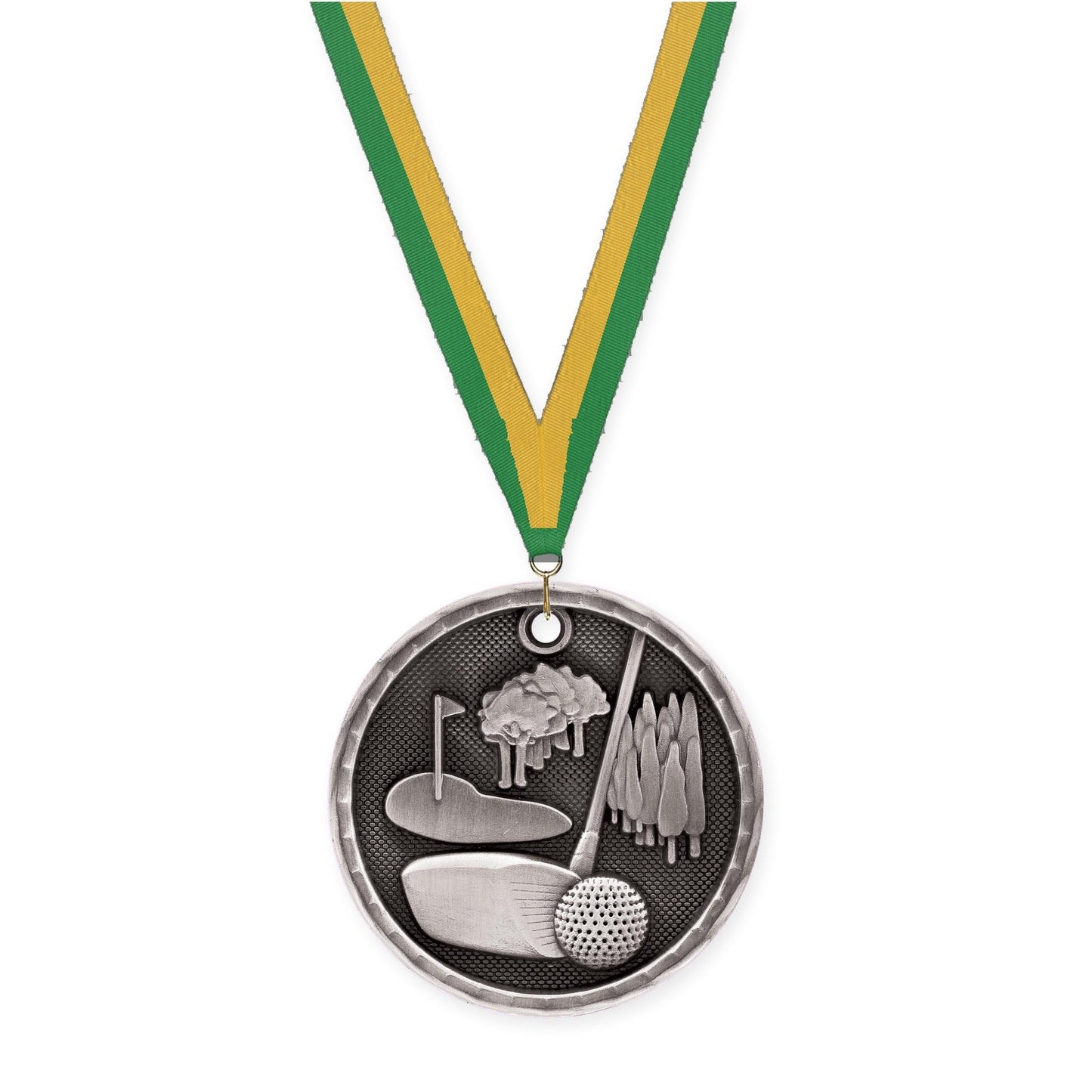 2 inch golf 3-D medal in antique silver with Green Gold neck ribbon