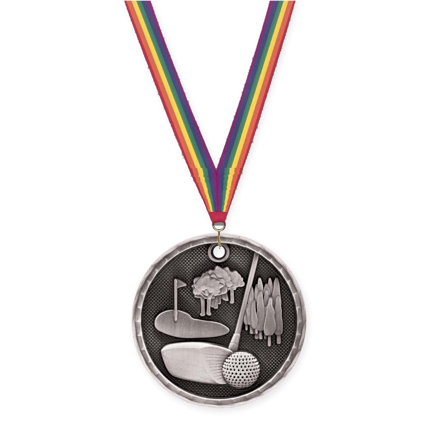 2 inch golf 3-D medal in antique silver with Rainbow neck ribbon