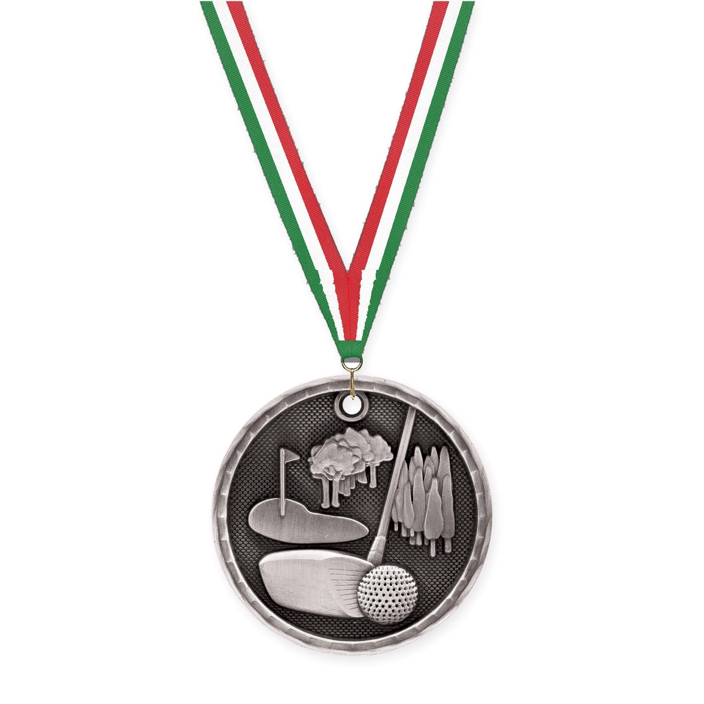 2 inch golf 3-D medal in antique silver with Green White Red neck ribbon