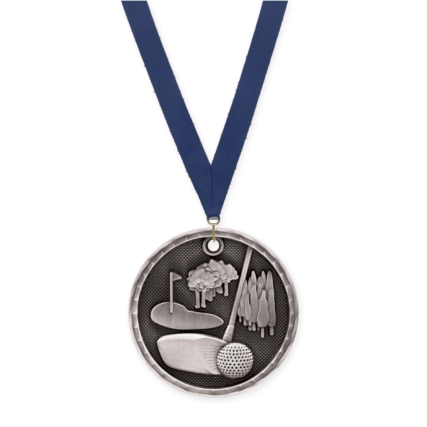 2 inch golf 3-D medal in antique silver with Navy neck ribbon