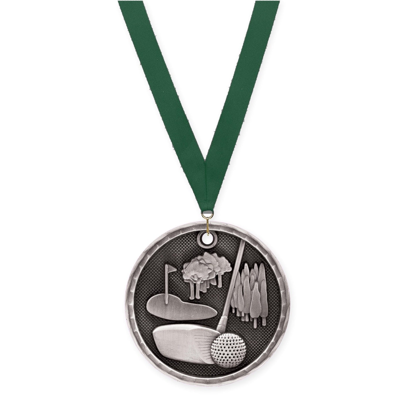 2 inch golf 3-D medal in antique silver with Hunter Green neck ribbon