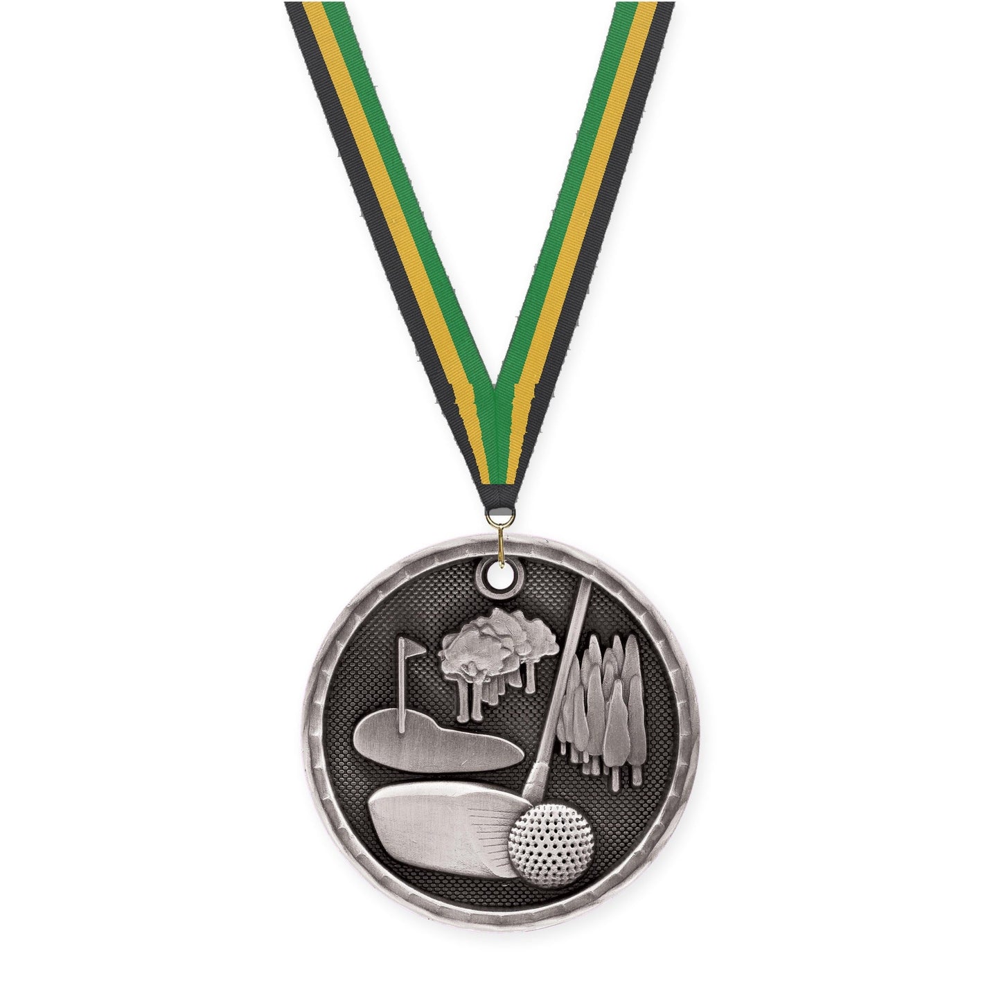2 inch golf 3-D medal in antique silver with Black Gold Green neck ribbon