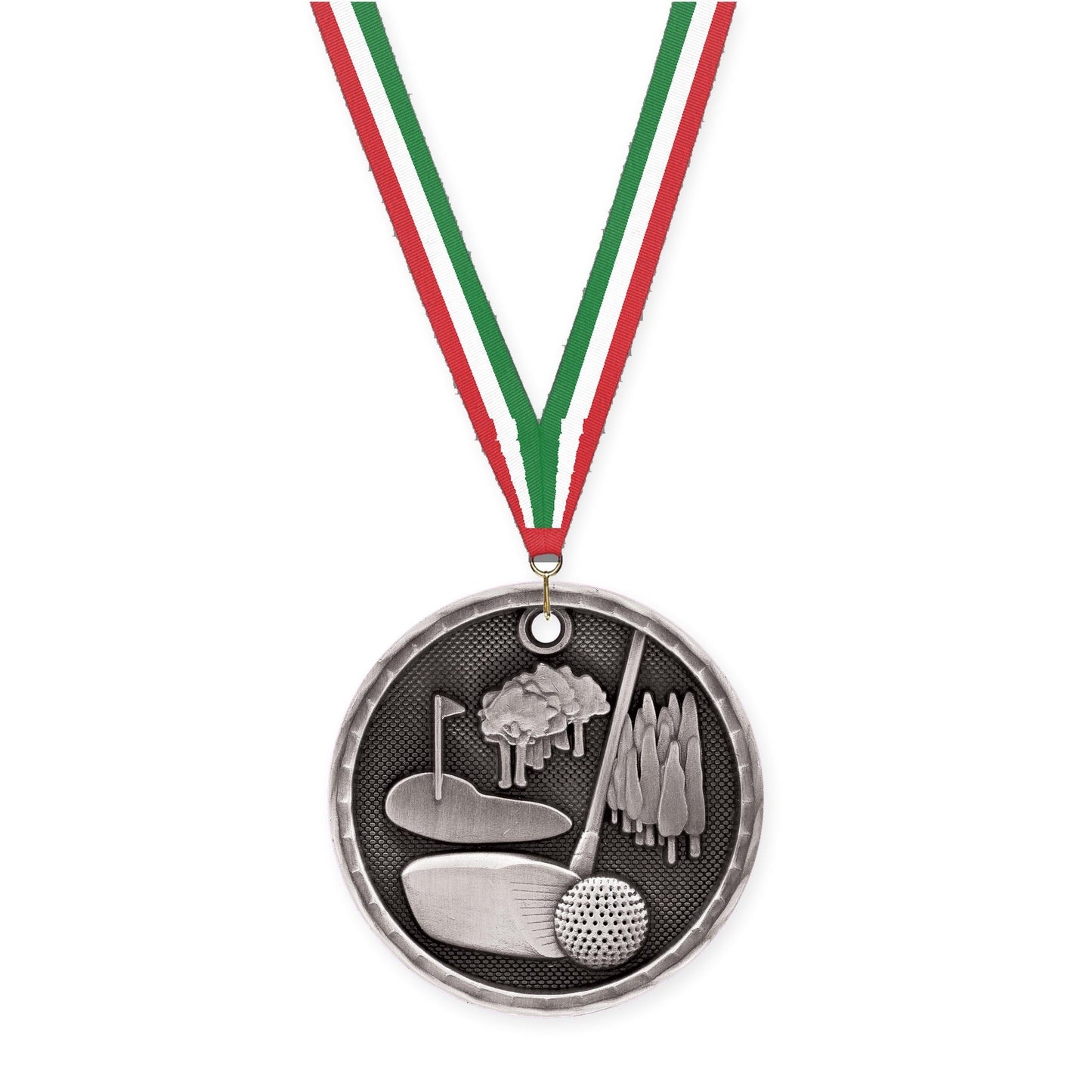 2 inch golf 3-D medal in antique silver with Red White Green neck ribbon