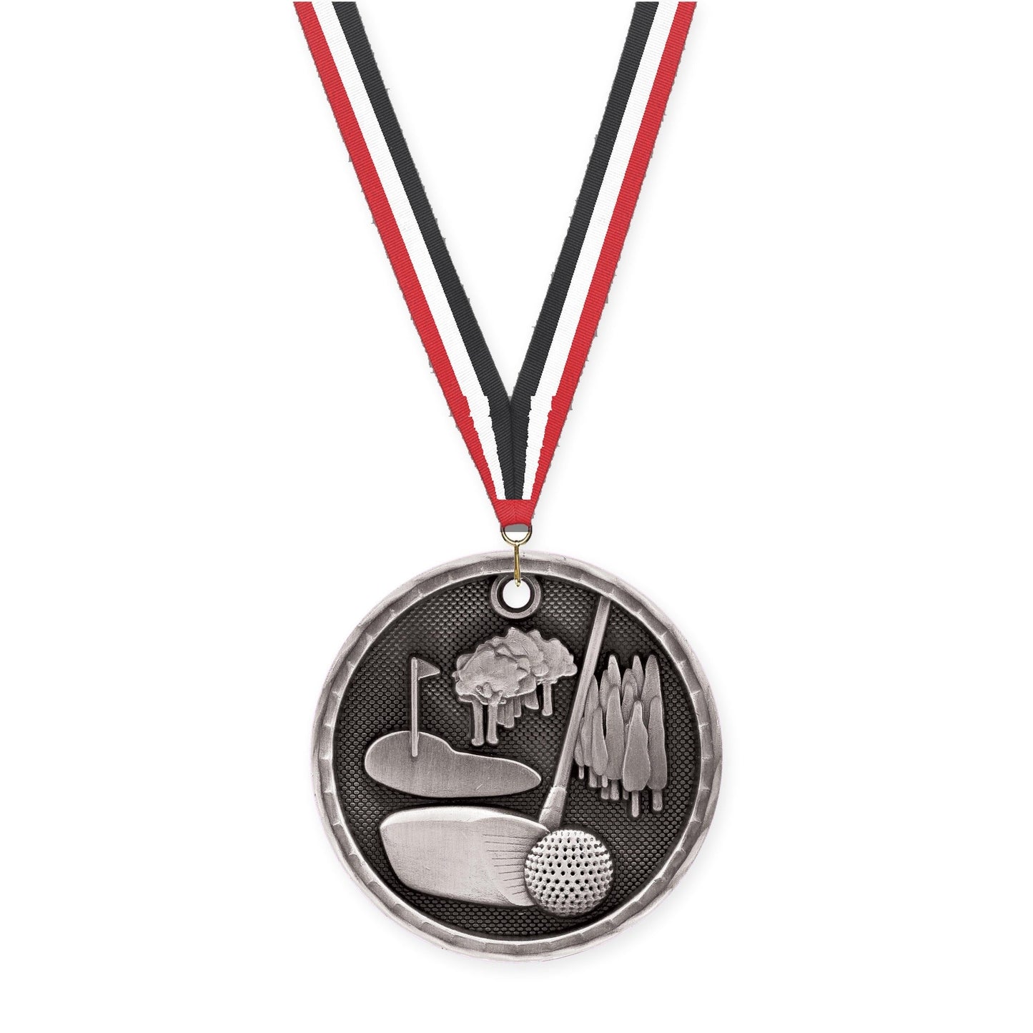 2 inch golf 3-D medal in antique silver with Red White Black neck ribbon