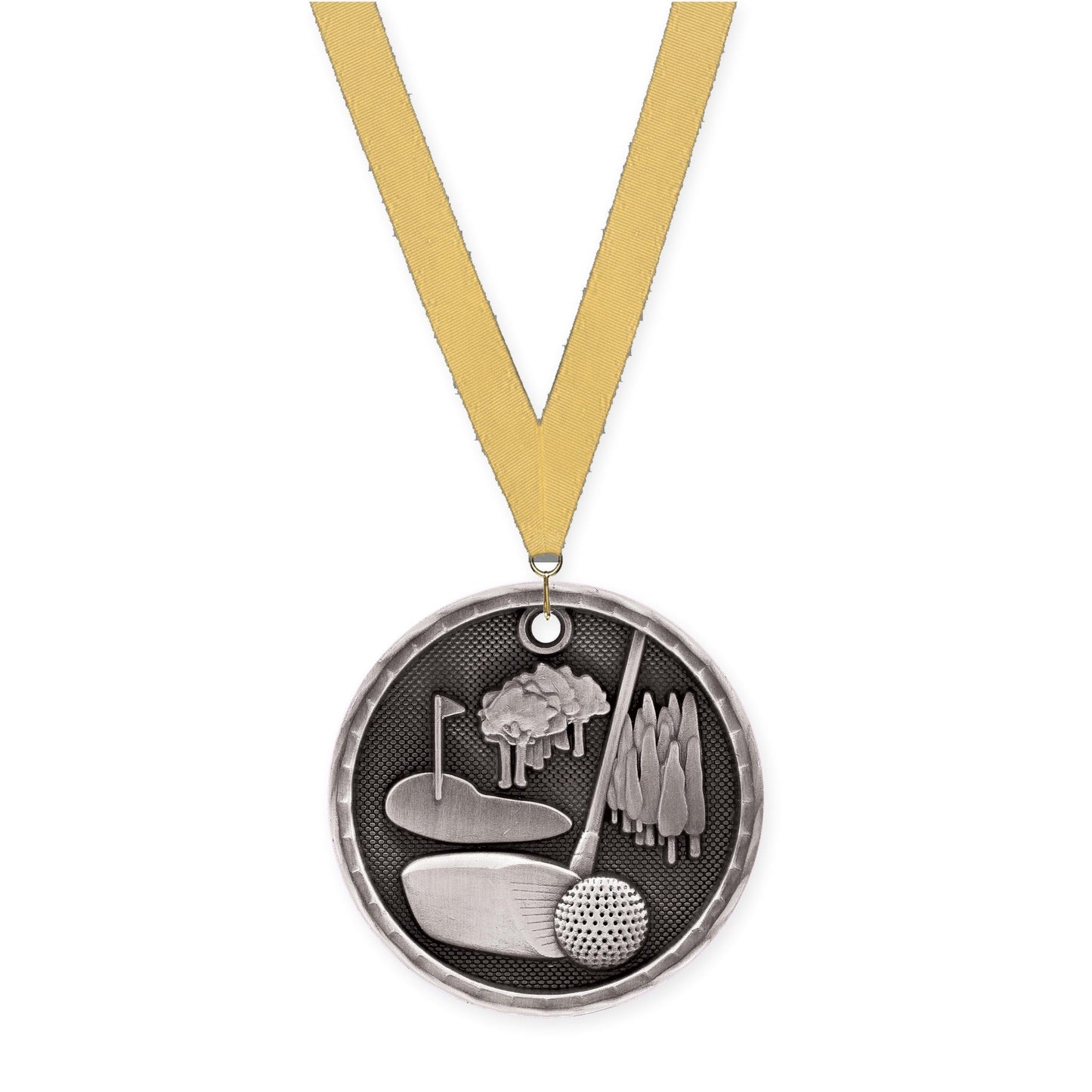 2 inch golf 3-D medal in antique silver with Gold Metallic neck ribbon