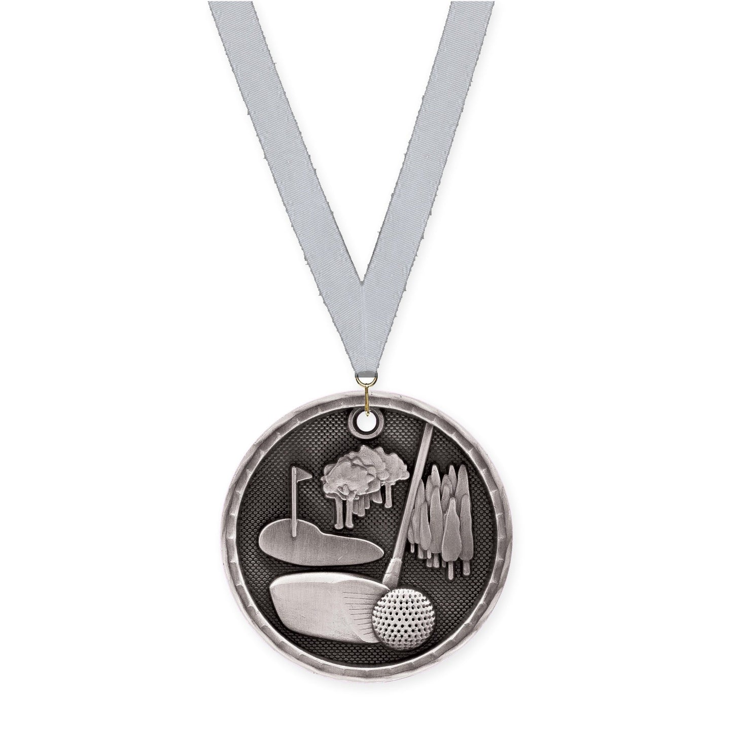 2 inch golf 3-D medal in antique silver with Silver Metallic neck ribbon