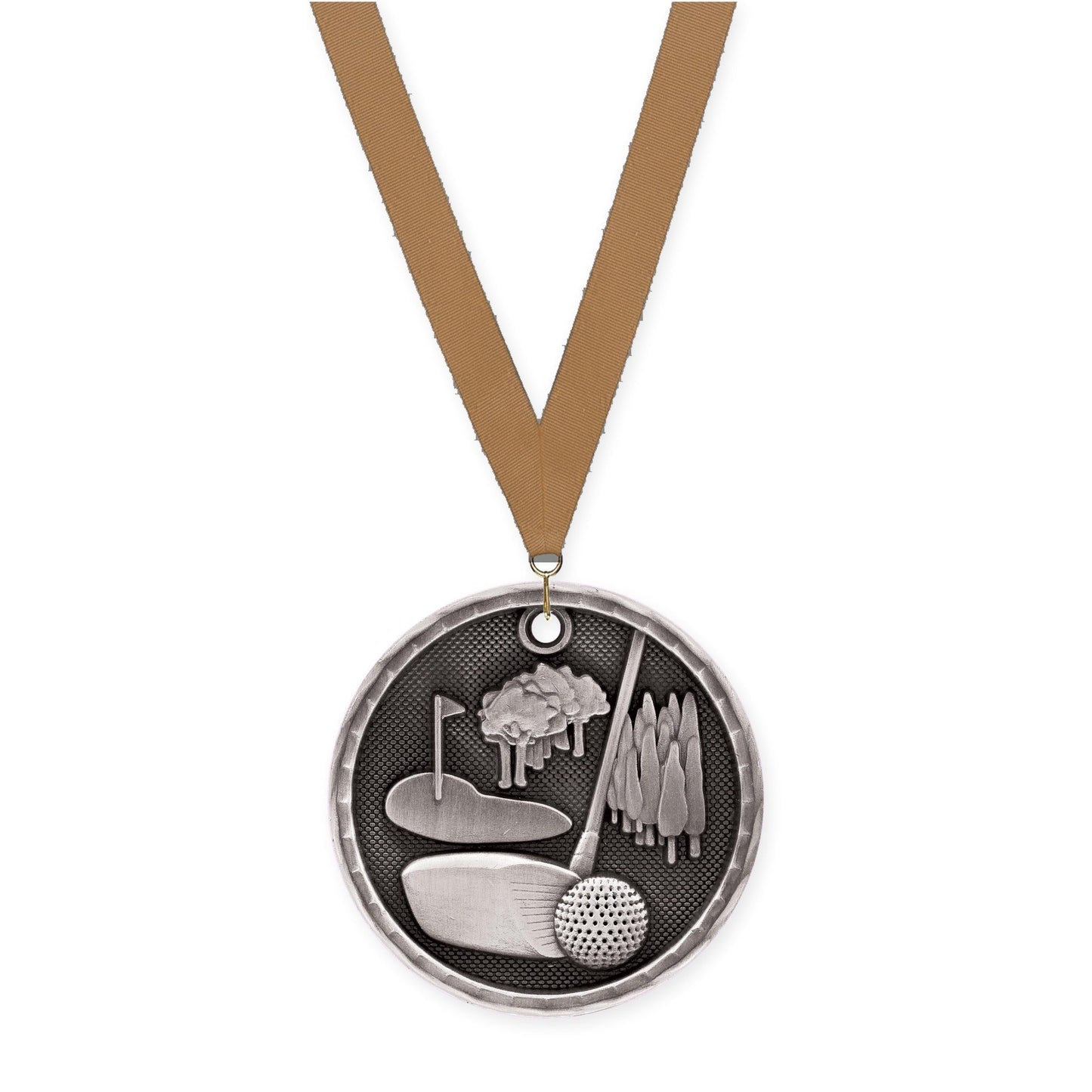 2 inch golf 3-D medal in antique silver with Bronze Metallic neck ribbon