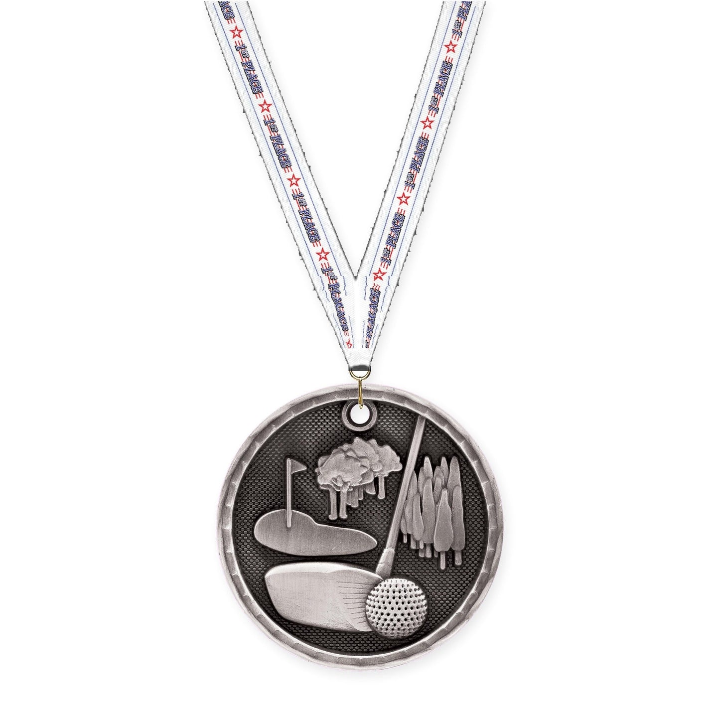 2 inch golf 3-D medal in antique silver with 1st Place neck ribbon