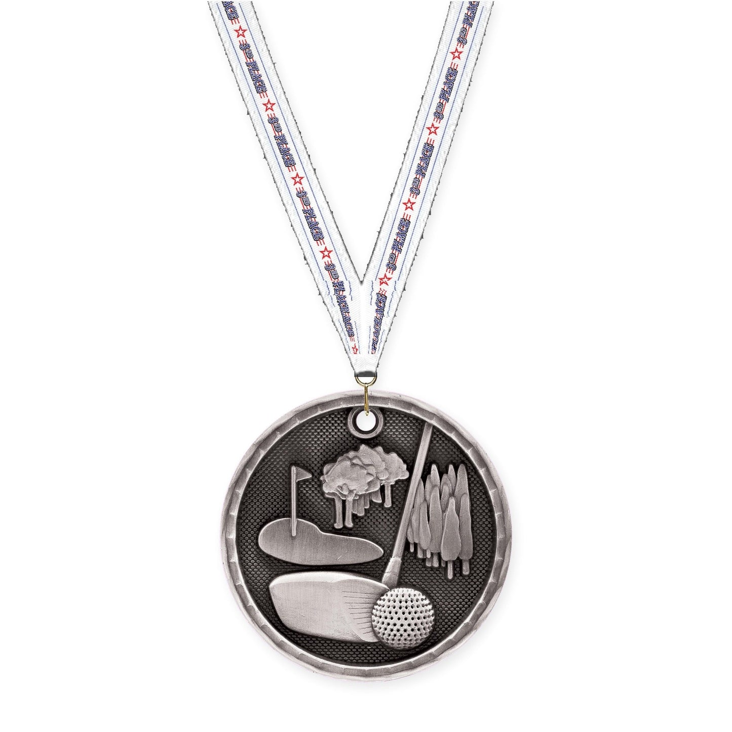 2 inch golf 3-D medal in antique silver with 3rd Place neck ribbon