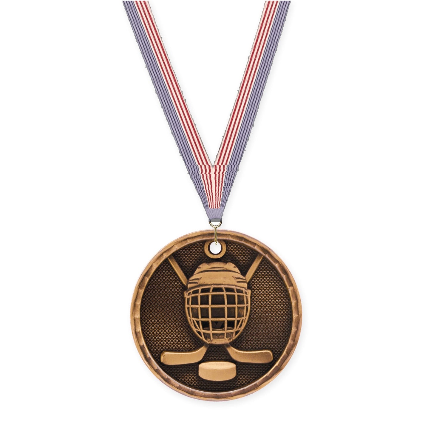 2 inch hockey 3-D medal in antique bronze with USA Flag neck ribbon