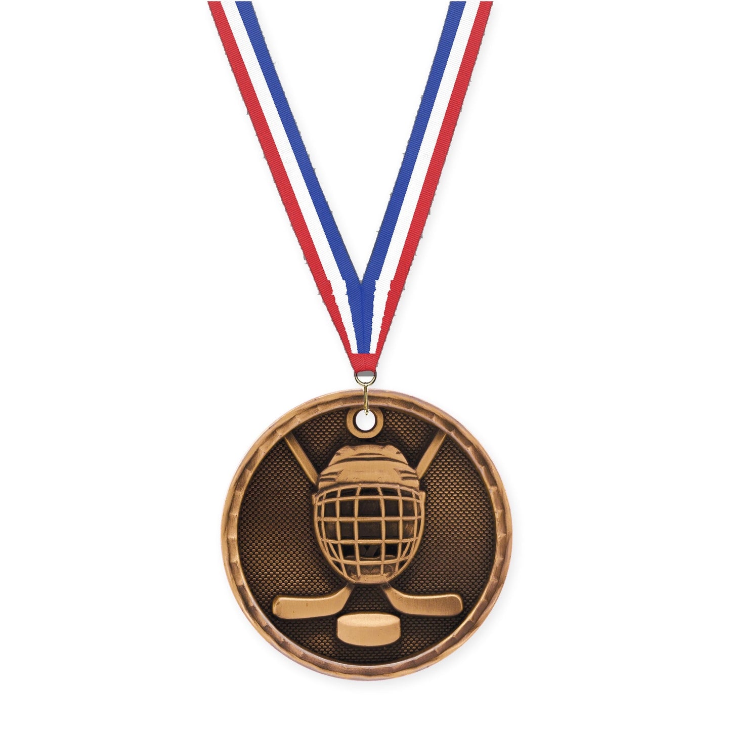 2 inch hockey 3-D medal in antique bronze with Red White Blue neck ribbon