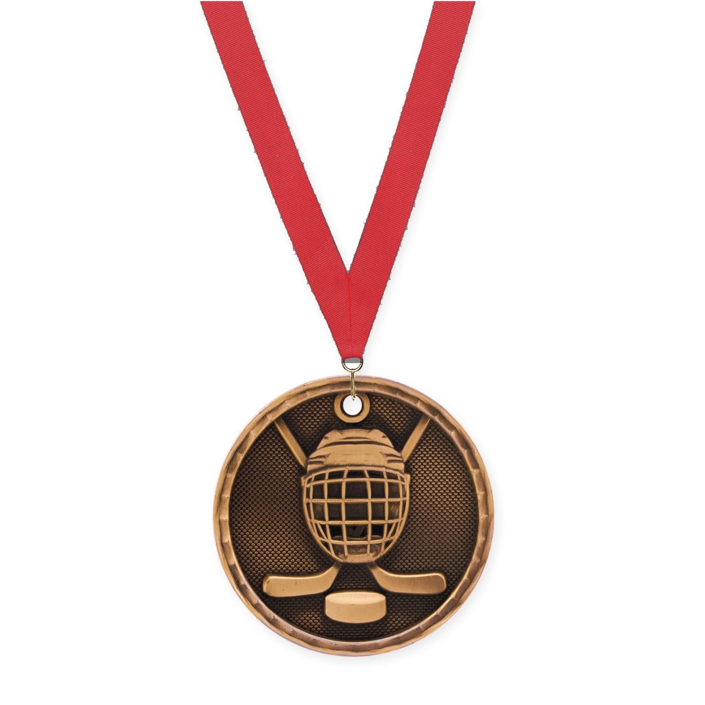 2 inch hockey 3-D medal in antique bronze with Red neck ribbon
