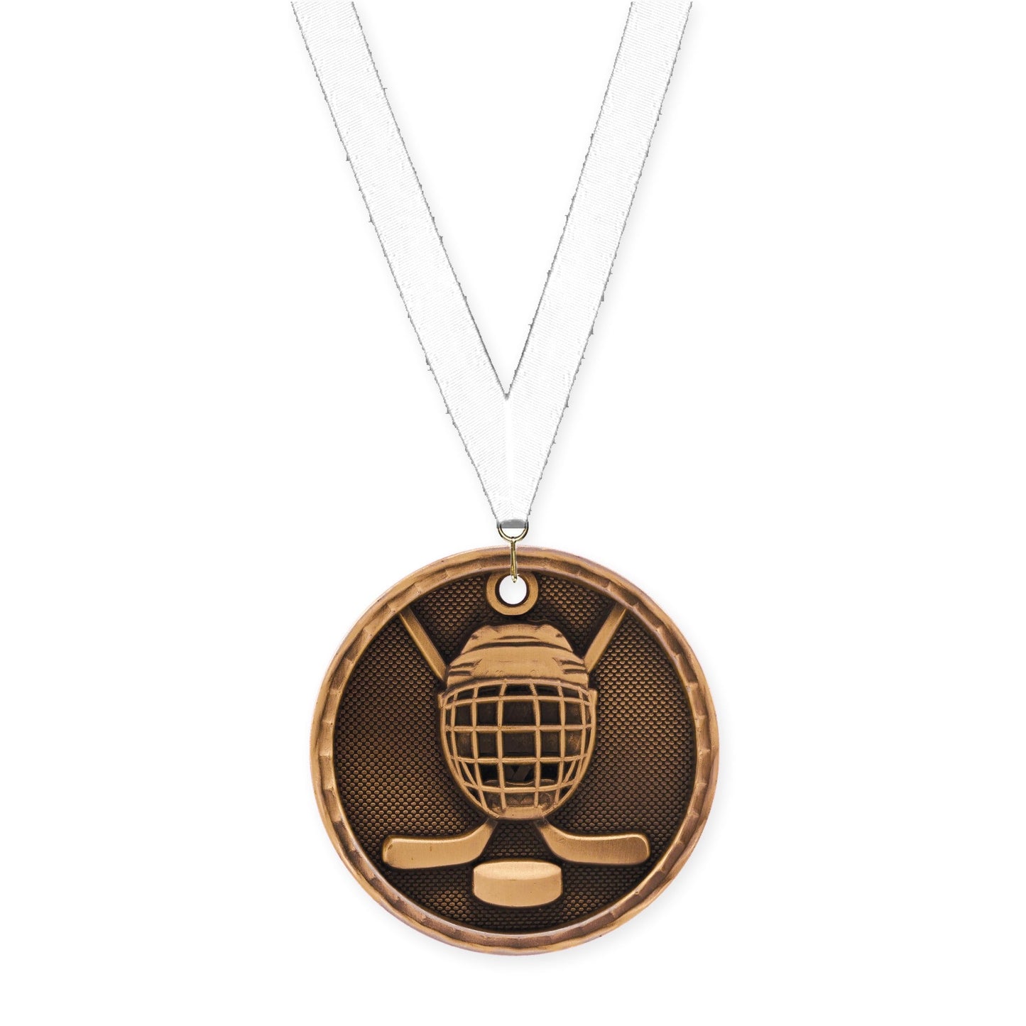 2 inch hockey 3-D medal in antique bronze with White neck ribbon