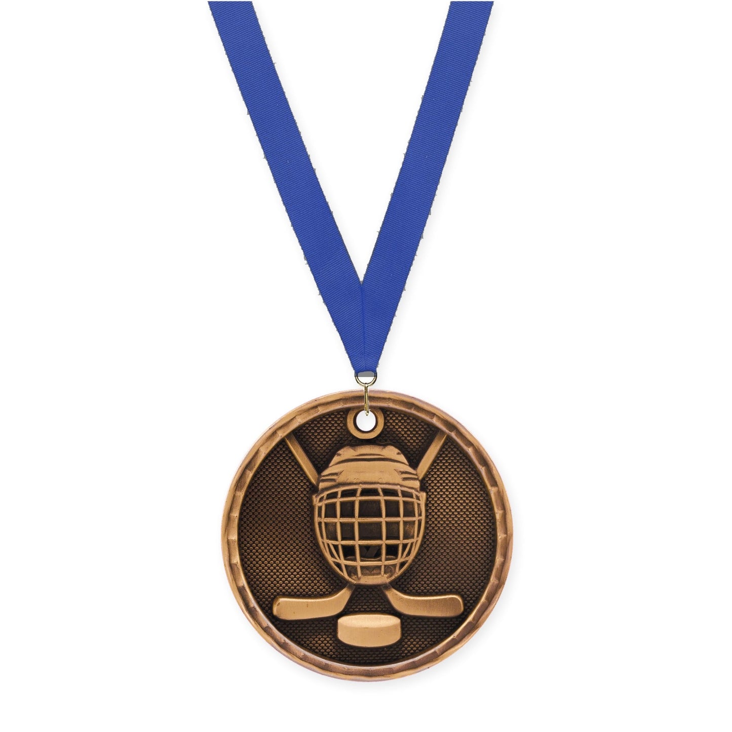 2 inch hockey 3-D medal in antique bronze with Blue neck ribbon