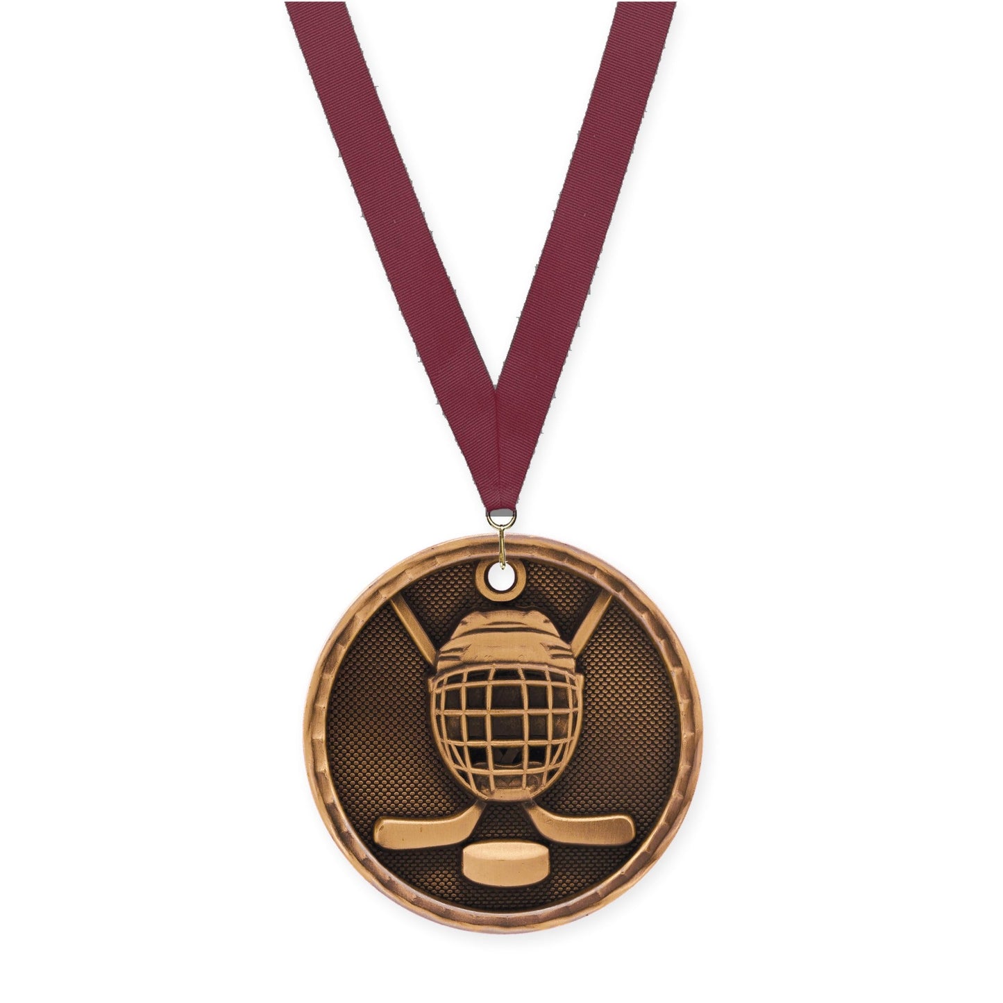 2 inch hockey 3-D medal in antique bronze with Maroon neck ribbon