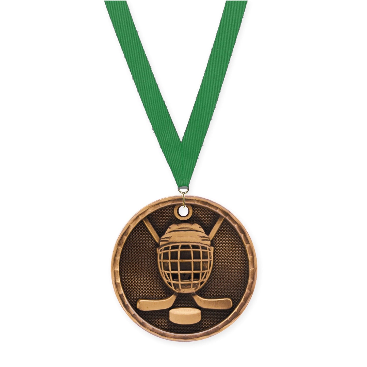 2 inch hockey 3-D medal in antique bronze with Green neck ribbon