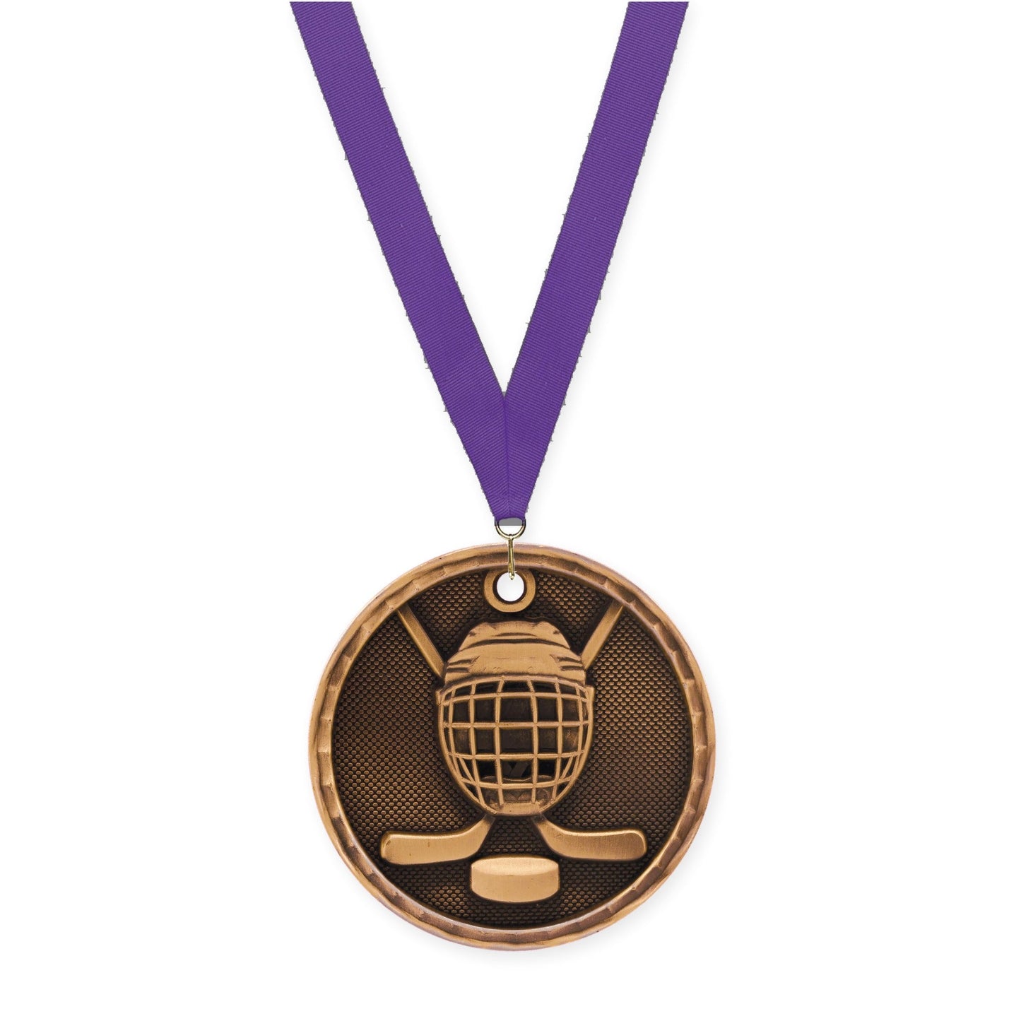 2 inch hockey 3-D medal in antique bronze with Purple neck ribbon
