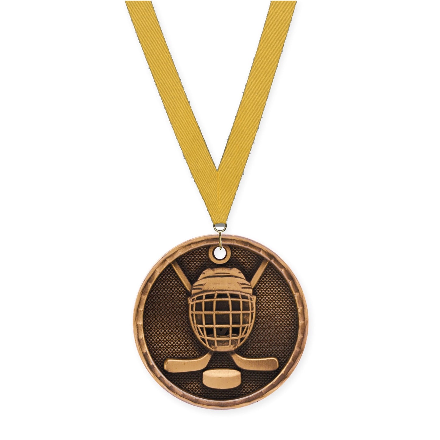2 inch hockey 3-D medal in antique bronze with Gold neck ribbon