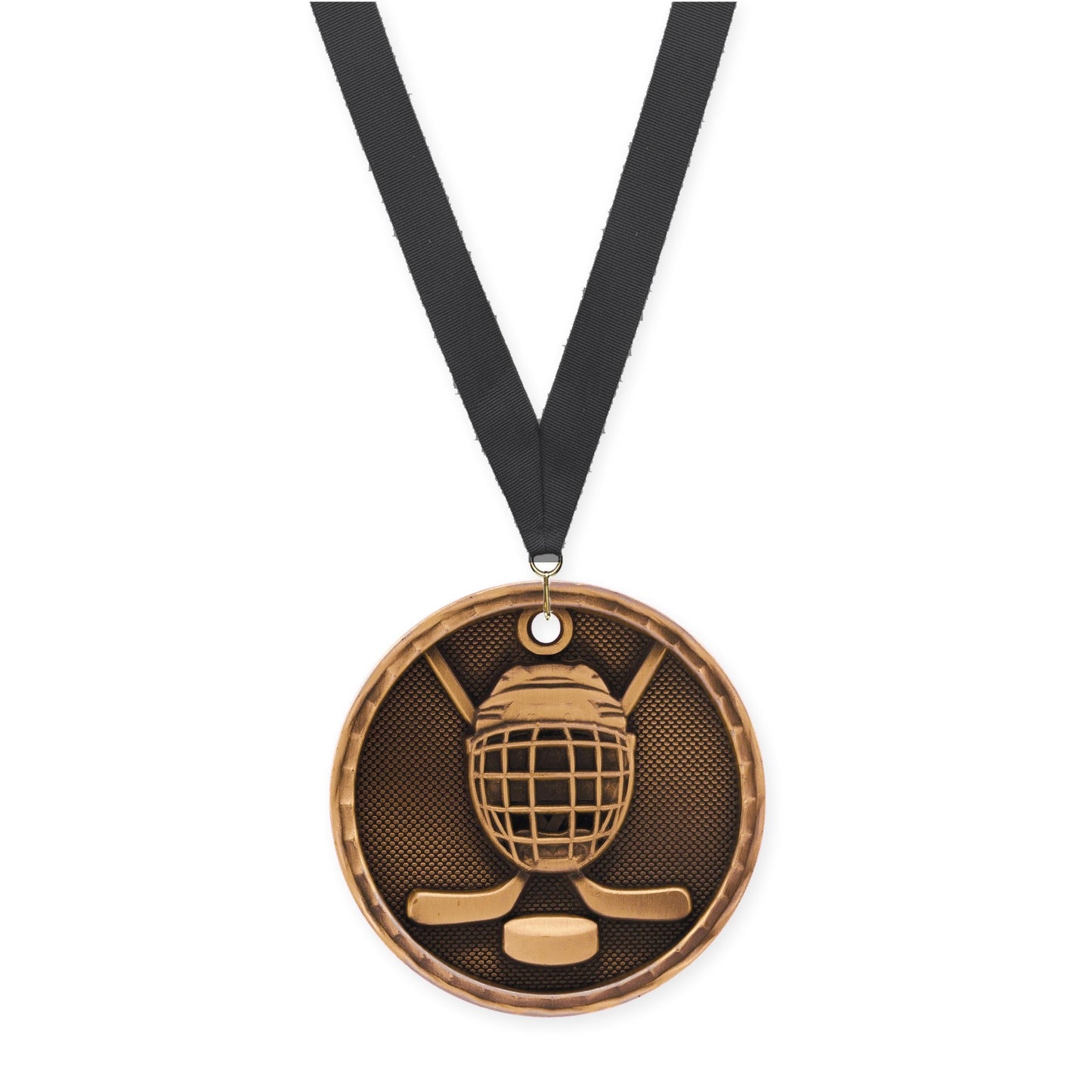 2 inch hockey 3-D medal in antique bronze with Black neck ribbon
