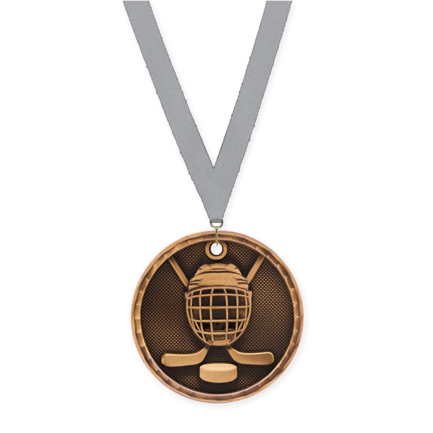 2 inch hockey 3-D medal in antique bronze with Gray neck ribbon