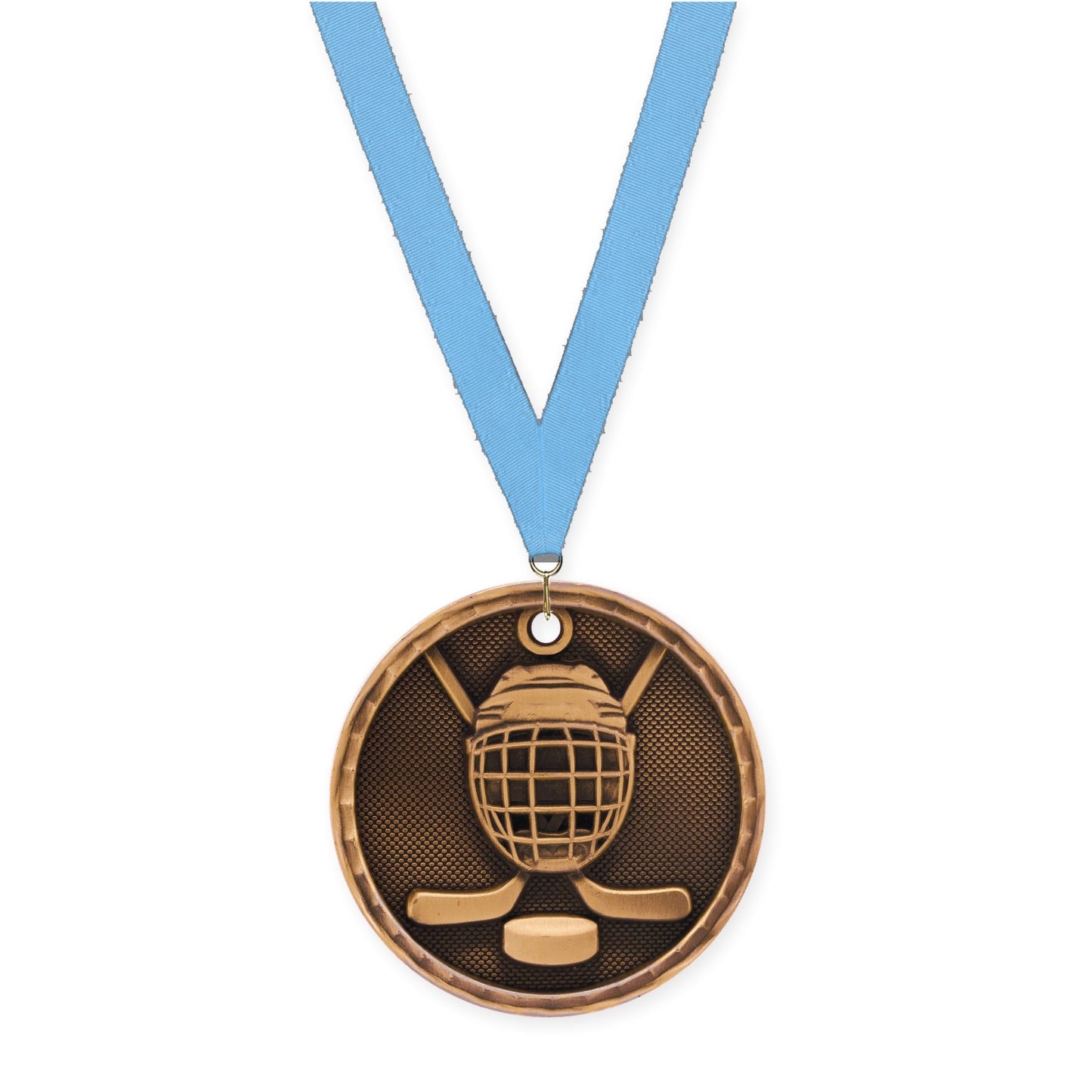 2 inch hockey 3-D medal in antique bronze with Light Blue neck ribbon