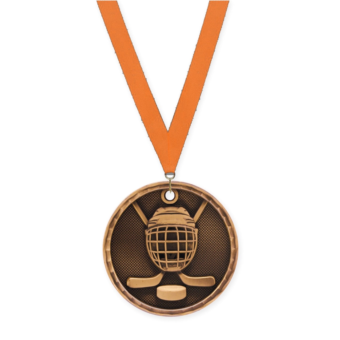 2 inch hockey 3-D medal in antique bronze with Orange neck ribbon